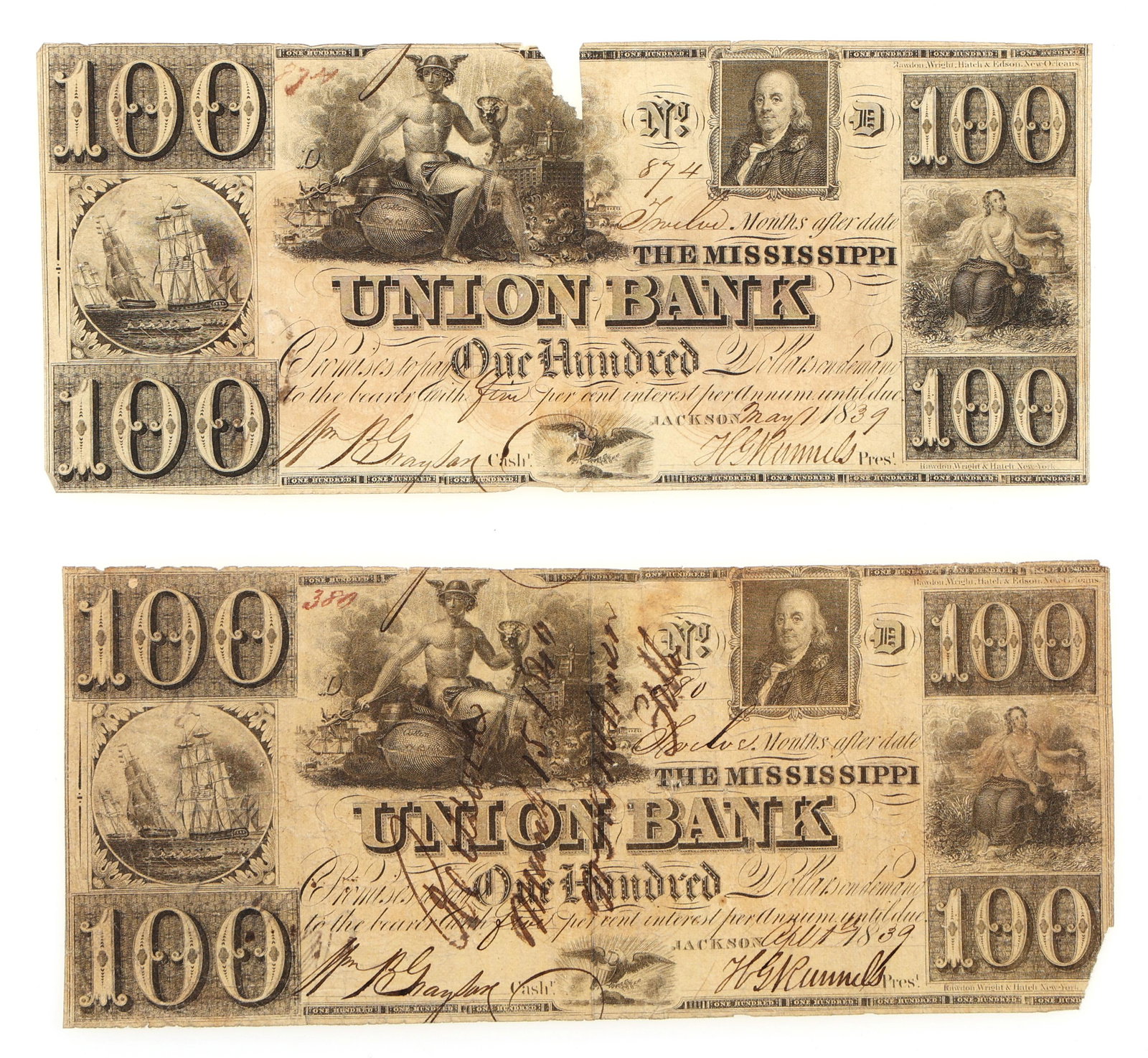 1839 $100 JACKSON MISSISSIPPI UNION BANK OBSOLETE NOTES (1 of 5)