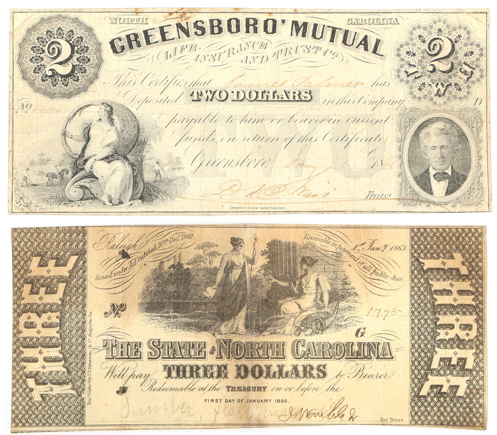 1860's $2 $3 NORTH CAROLINA OBSOLETE BANKNOTES (1 of 6)