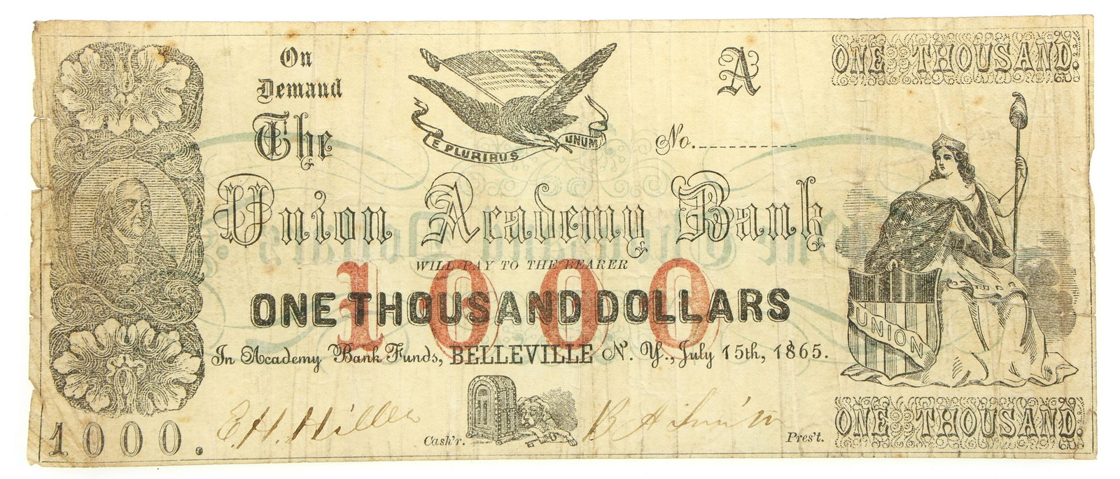 1865 $1000 UNION ACADEMY BANK BELLEVILLE NY BANKNOTE (1 of 2)