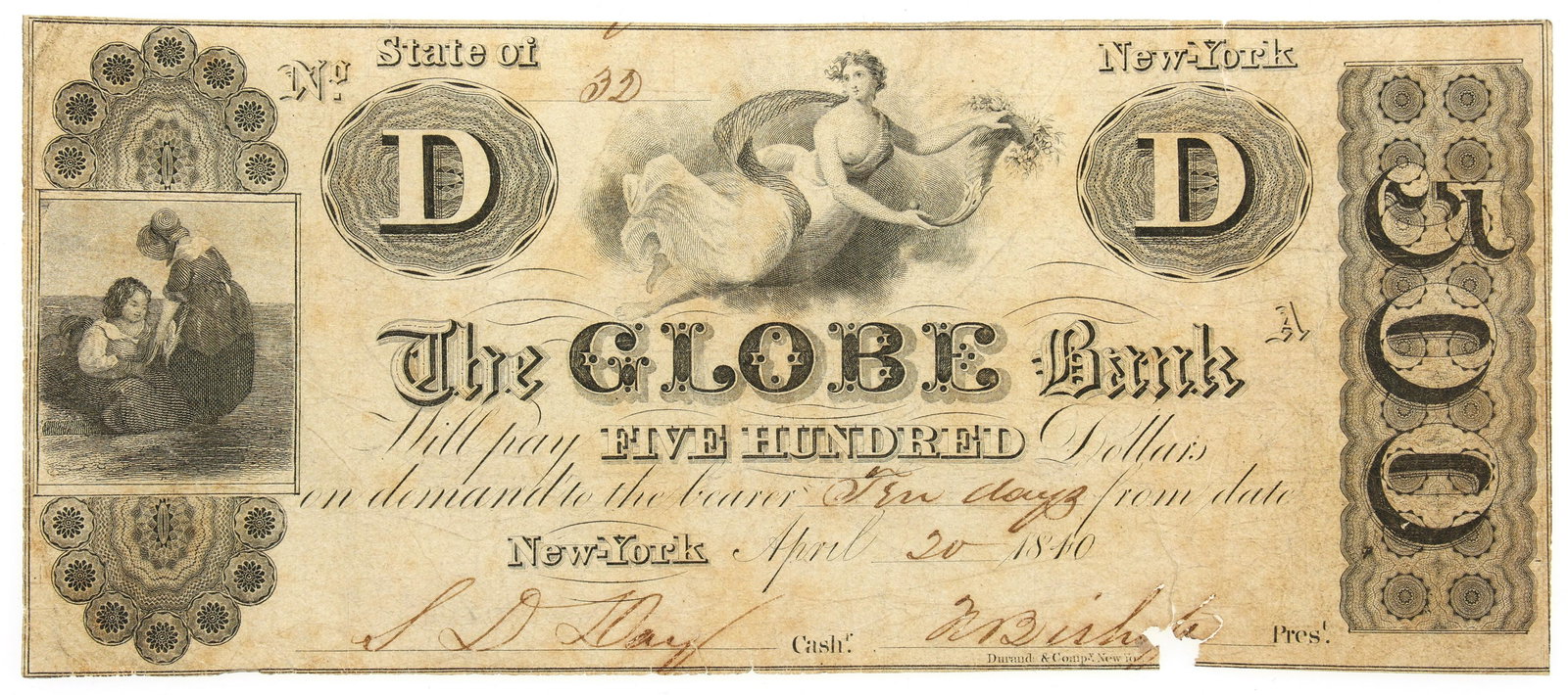 1840 $500 NEW YORK GLOBE BANK OBSOLETE BANKNOTE (1 of 2)