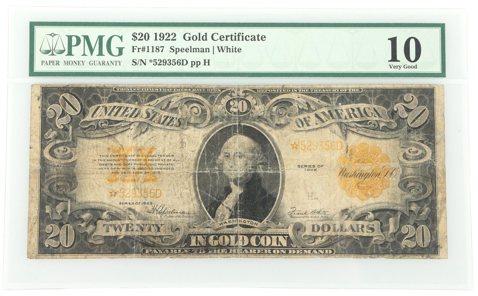 1922 $20 US GOLD CERTIFICATE Fr*1187 SPEELMAN-WHITE PMG (1 of 2)