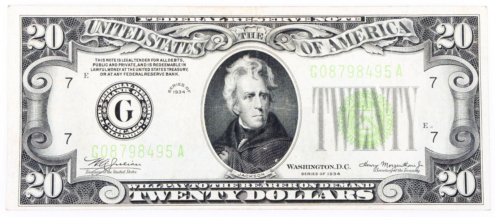 1934 $20 US LIGHT GREEN SEAL FEDERAL RESERVE NOTE (1 of 2)