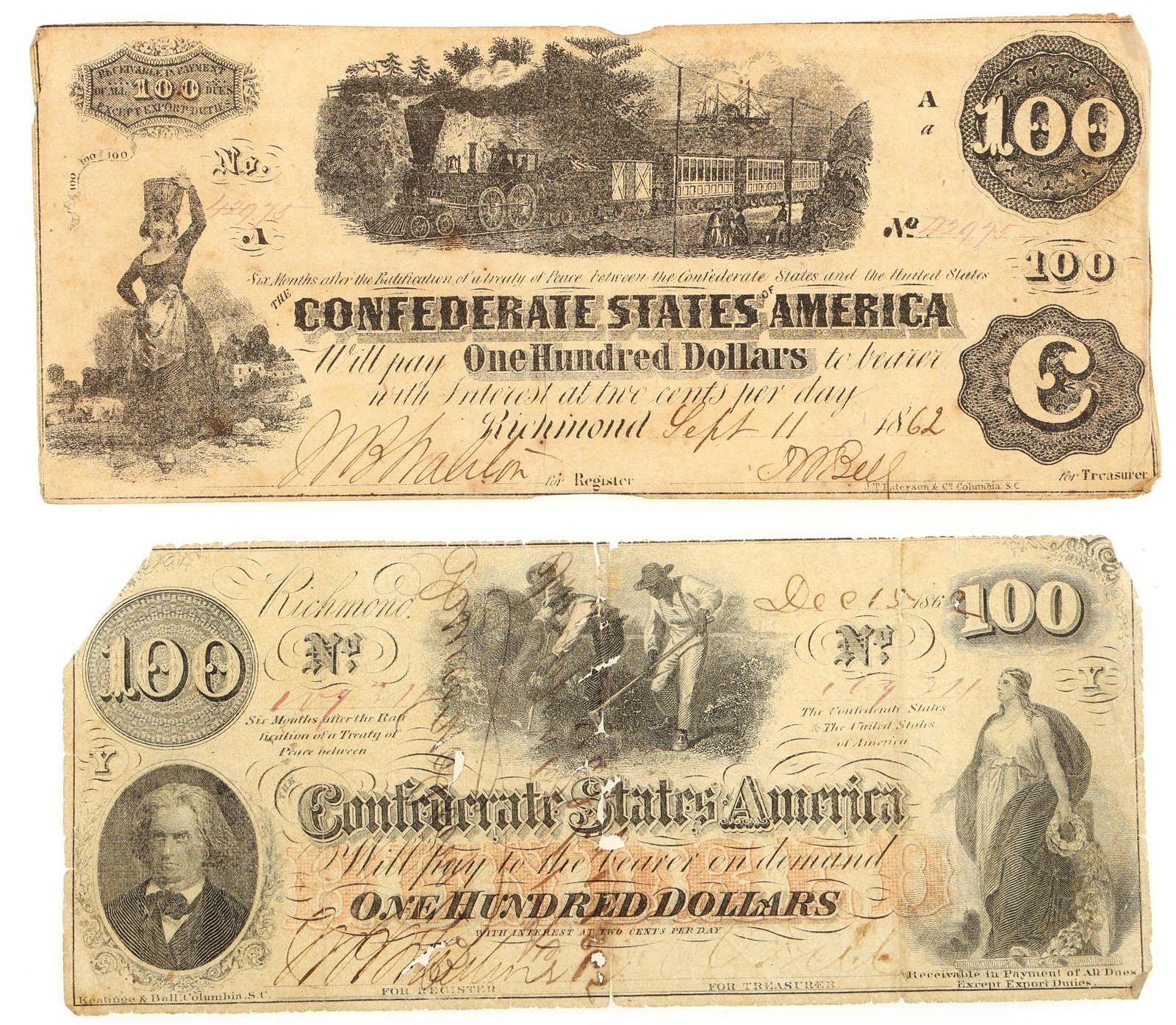 1862 $100 CONFEDERATE STATES OBSOLETE BANKNOTES (1 of 5)