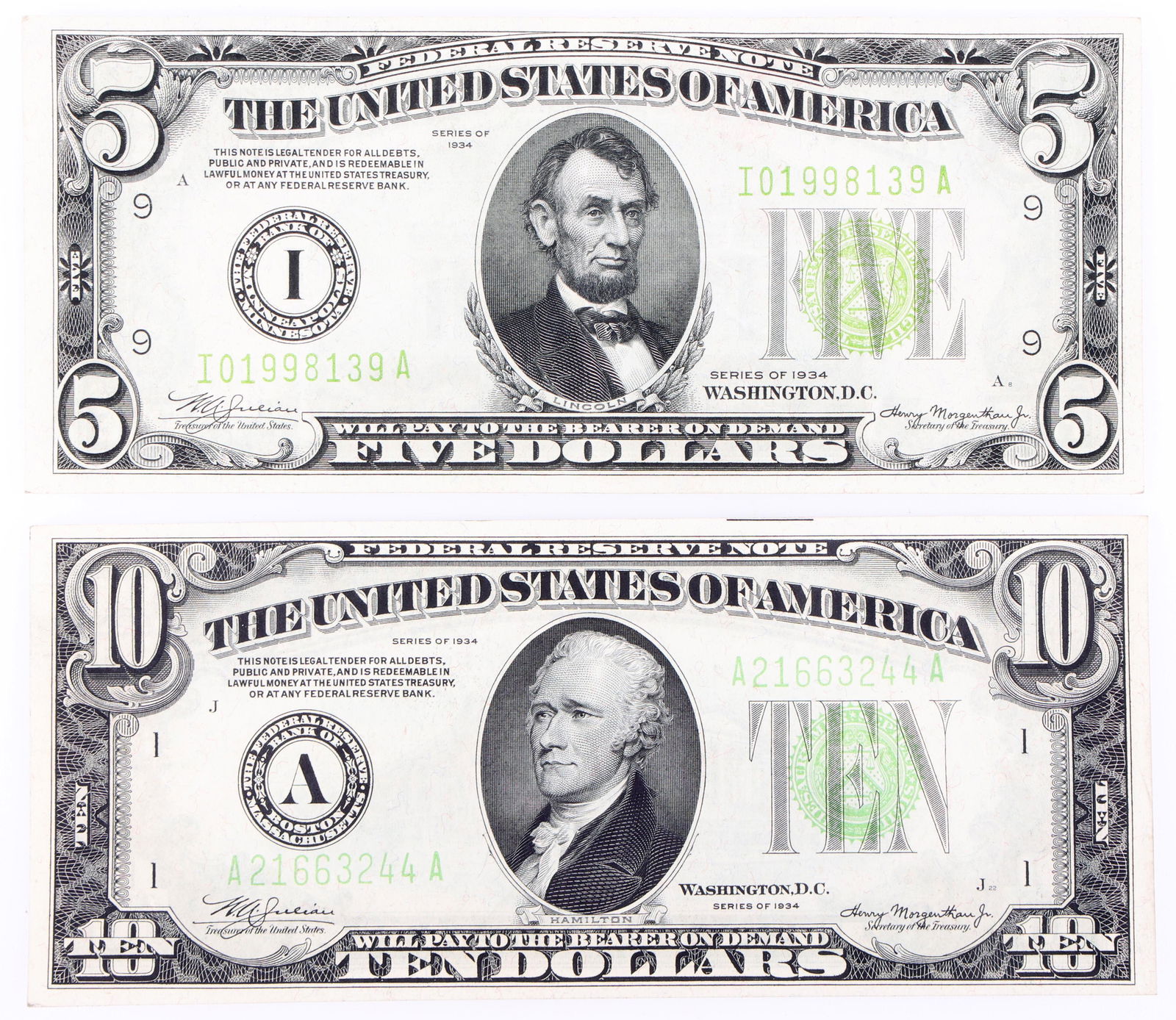 1934 $5 $10 US LIGHT GREEN SEAL FEDERAL RESERVE NOTES (1 of 6)