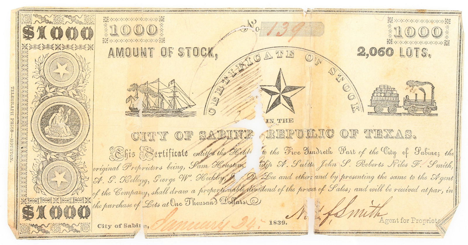1839 $1000 CITY OF SABINE, TEXAS OBSOLETE STOCK CERT (1 of 2)