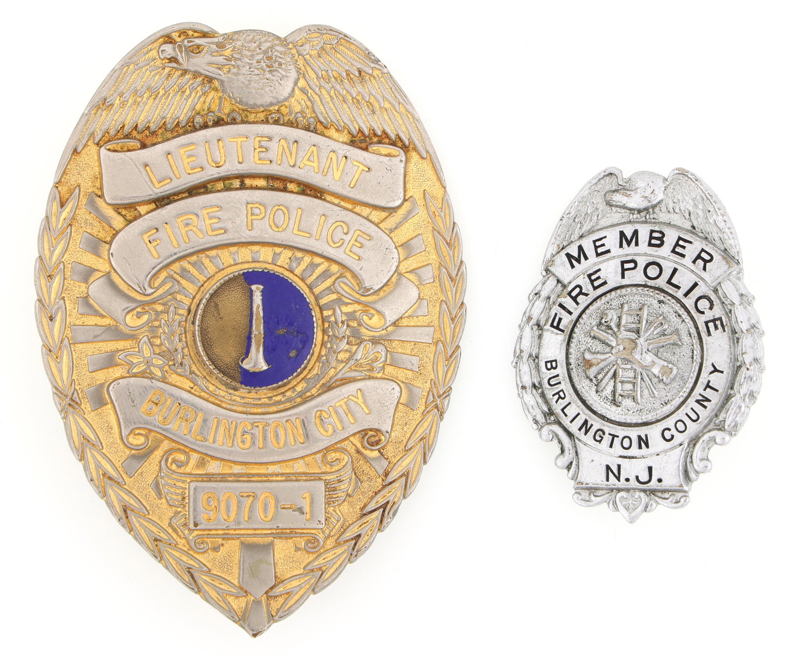 BURLINGTON CO. NEW JERSEY FIRE POLICE BADGES LOT OF TWO (1 of 2)