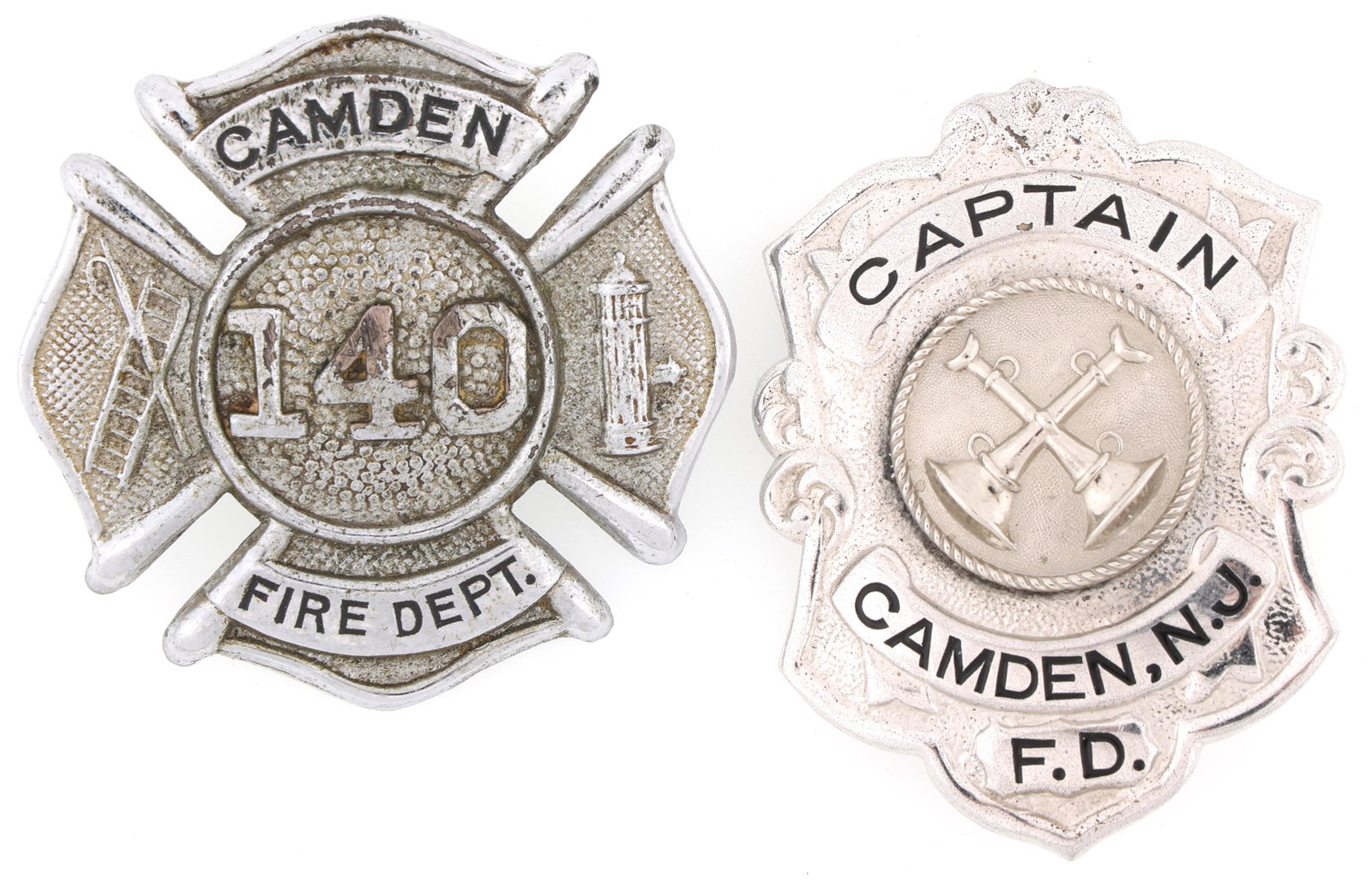 CAMDEN NEW JERSEY FIRE DEPT BADGES LOT OF TWO: CAMDEN NEW JERSEY FIRE DEPT BADGES LOT OF TWO Two obsolete Camden, New Jersey Fire Department badges. Titles include: Captain badge. Unmarked. Numbered 140. Unmarked. Size: 2.5