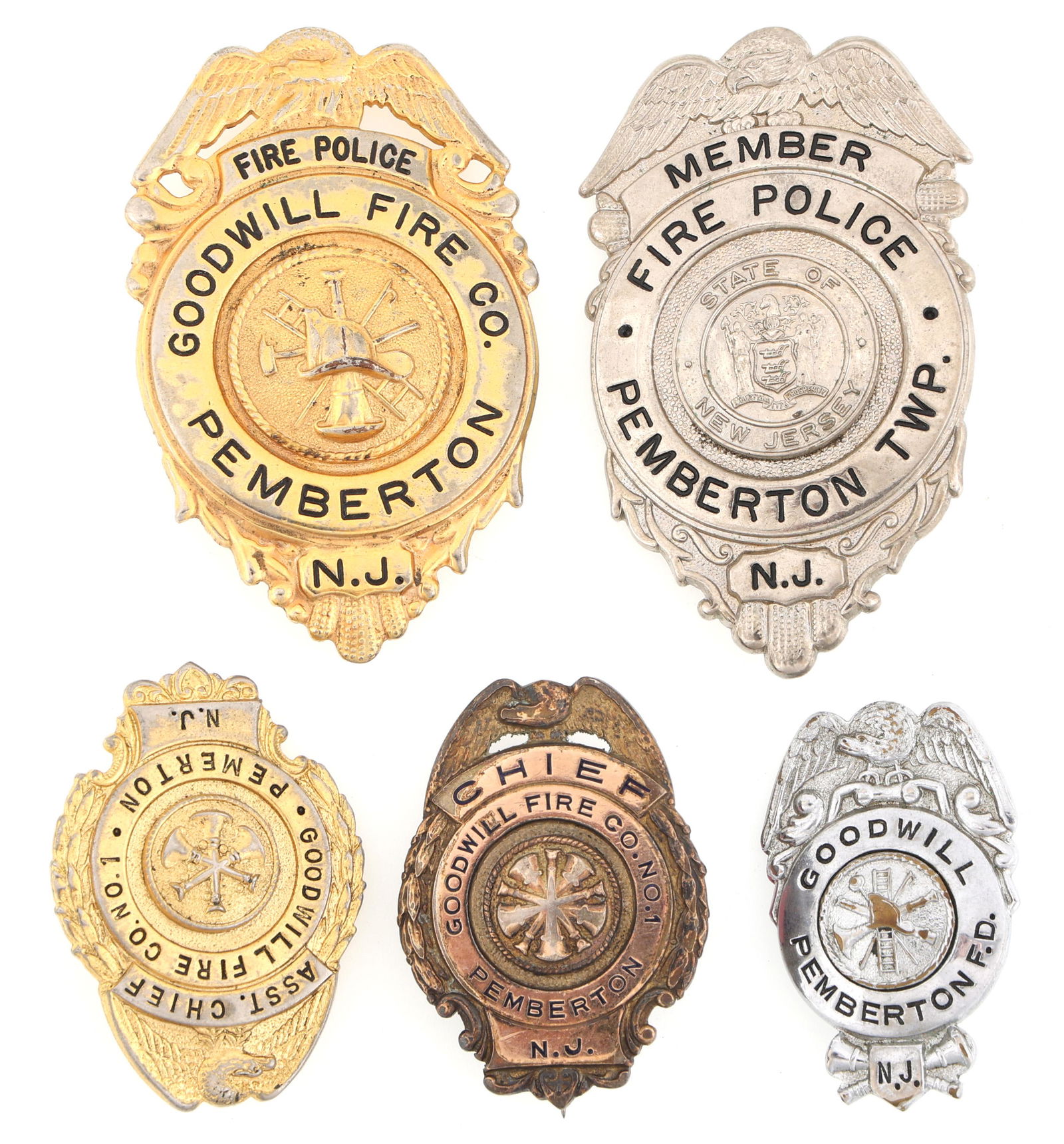 PEMBERTON NEW JERSEY FIRE BADGES LOT OF FIVE (1 of 2)