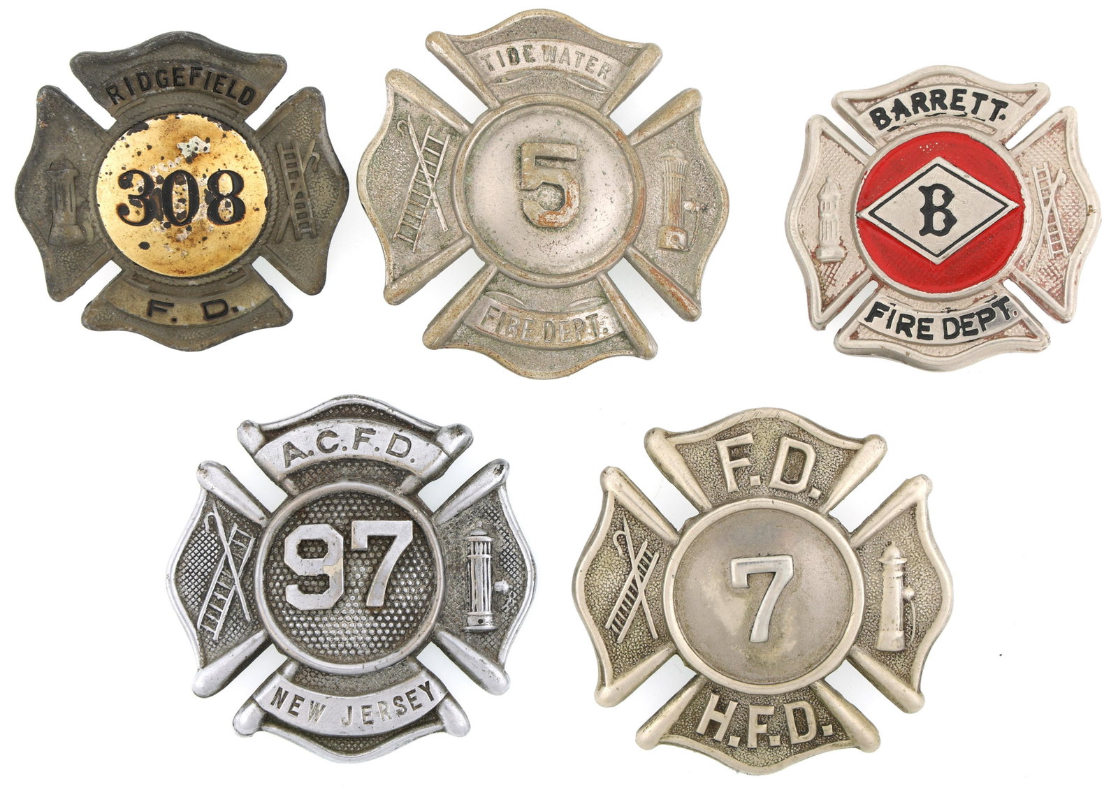 FIRE DEPARTMENT BADGES LOT OF FIVE: FIRE DEPARTMENT BADGES LOT OF FIVE Obsolete Fire Department badges lot of five. Includes: Hartford, Connecticut Fire Department badge. Number 7. Marked W Raphael Hartford Connecticut on reve