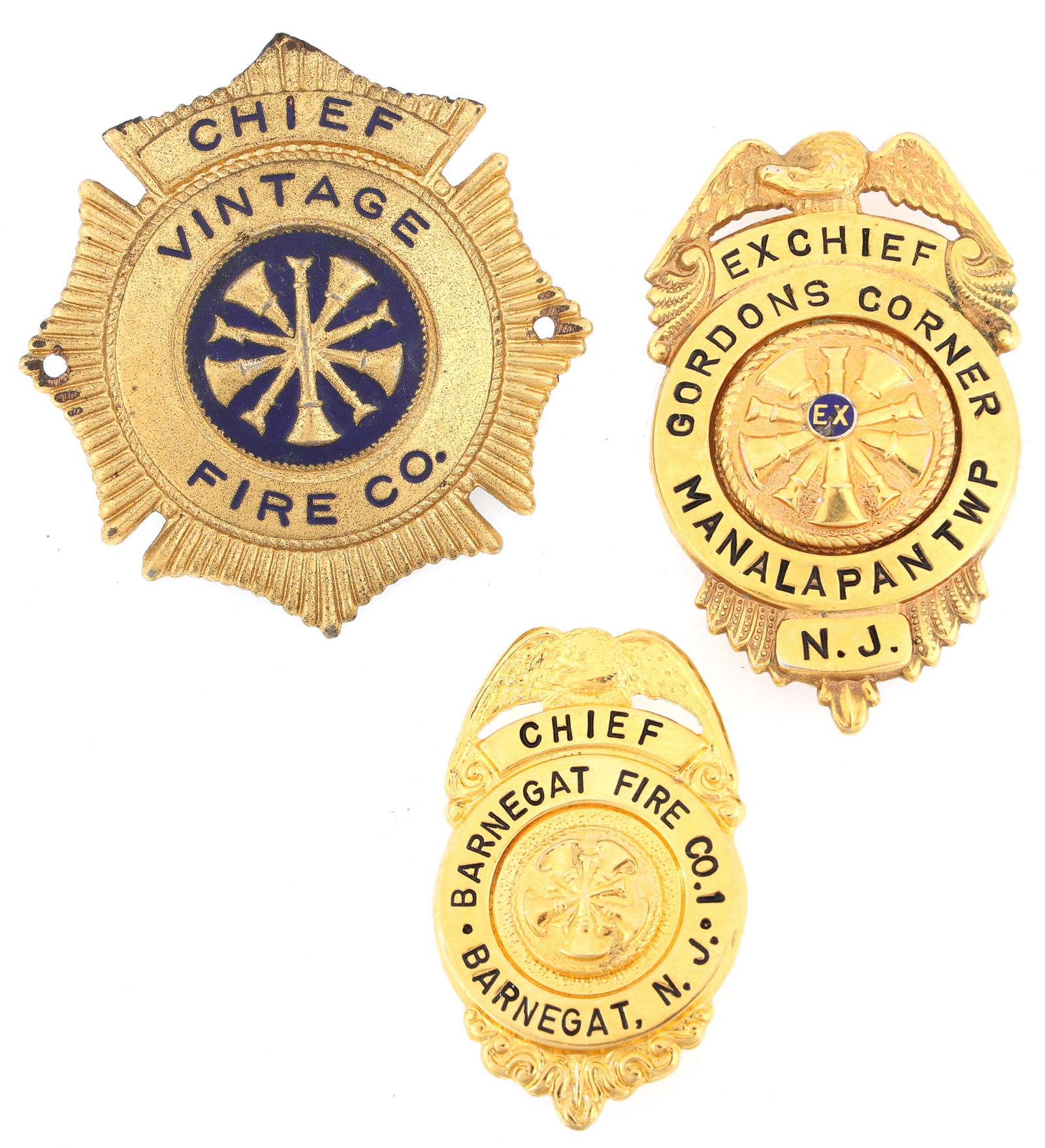 FIRE COMPANY CHIEF AND EX-CHIEF BADGES LOT OF THREE (1 of 2)