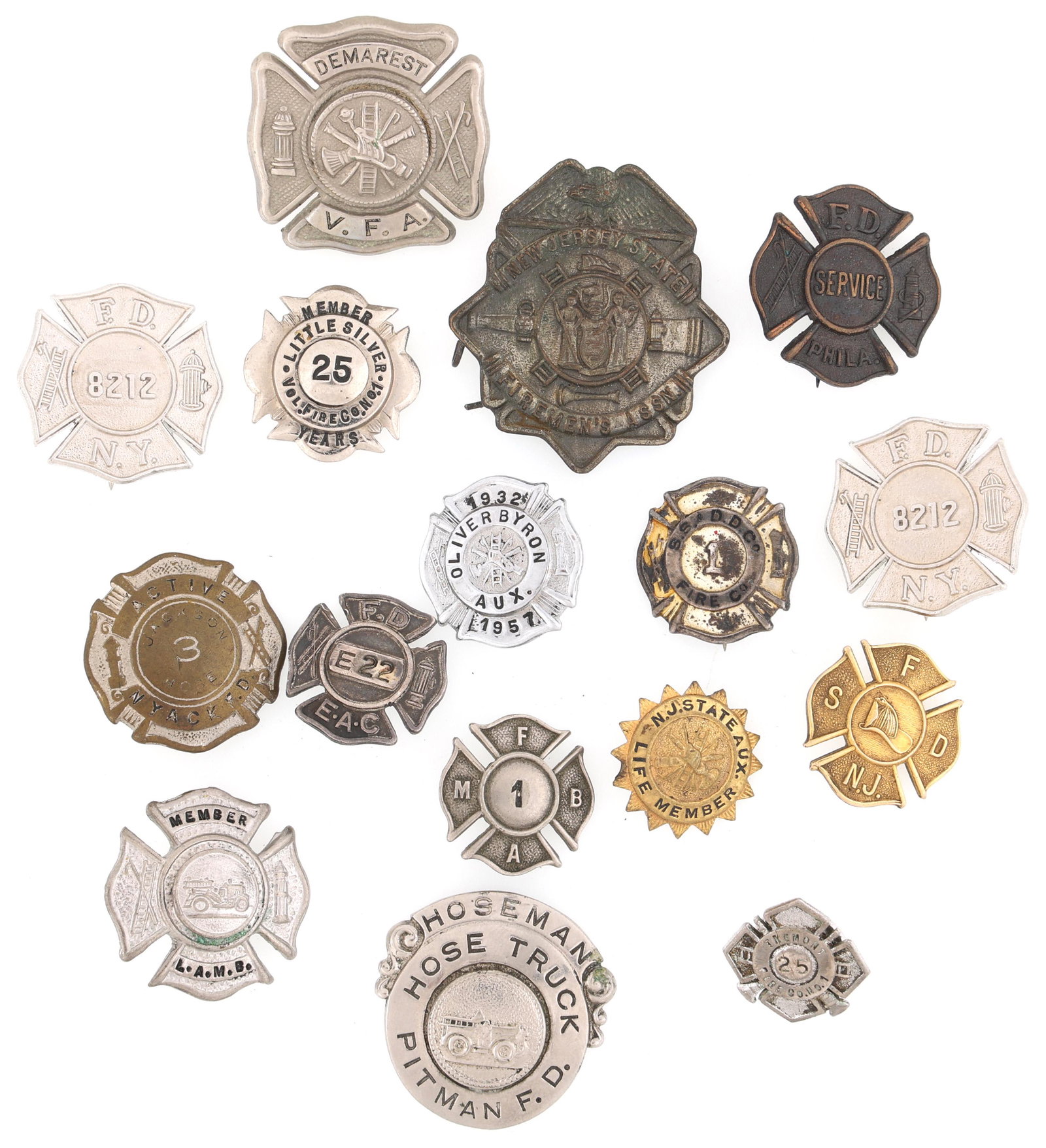 NEW JERSEY & NEW YORK FIRE COMPANY BADGE PINS: NEW JERSEY & NEW YORK FIRE COMPANY BADGE PINS Lot of mixed Fire Company lapel or collar badges, mostly from New Jersey, New York, and Philadelphia. Size: Largest; 1 1/2 x 1 3/8"