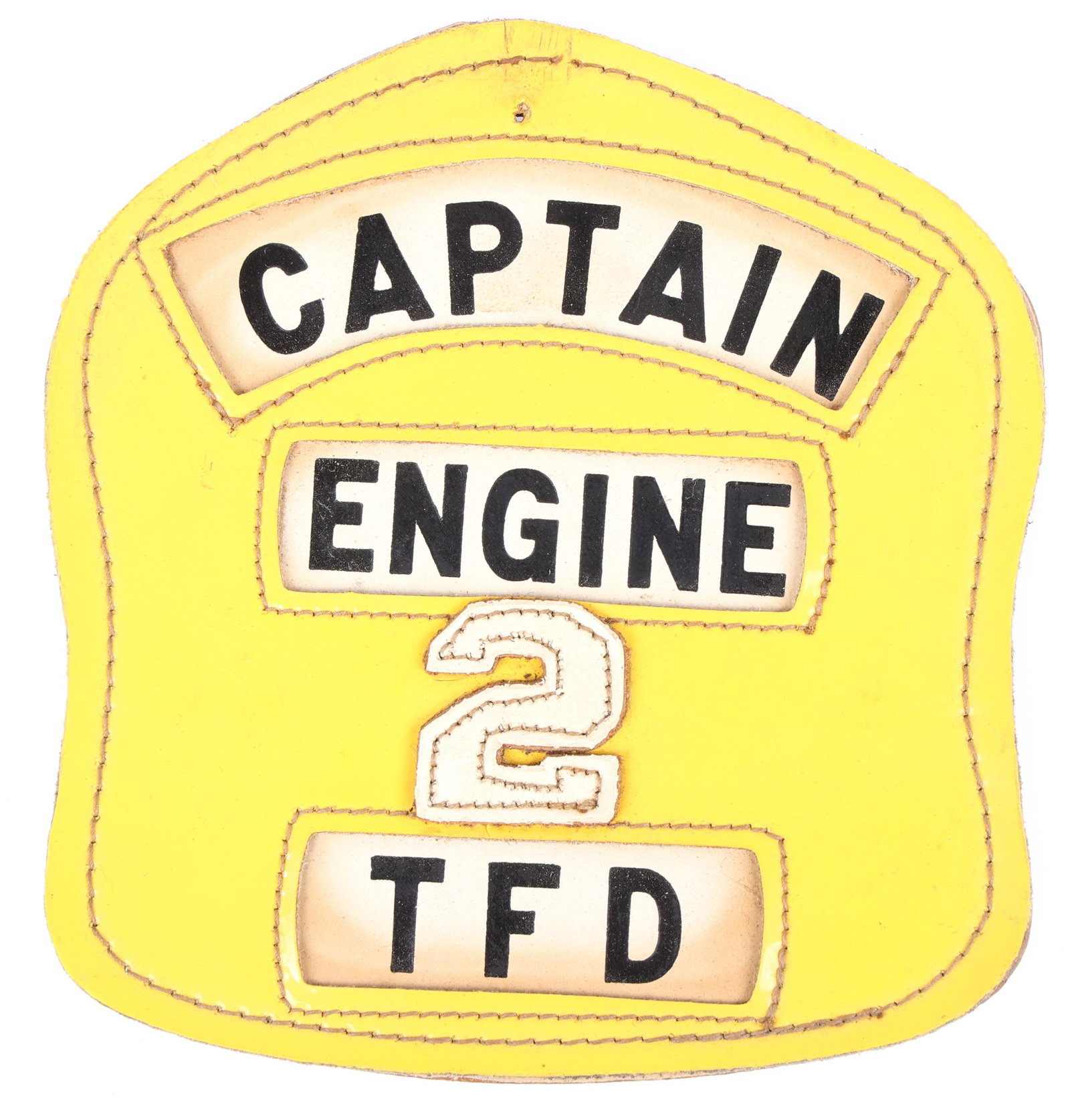 T.F.D. ENGINE 2 CAPTAIN FIRE HELMET LEATHER FRONT (1 of 2)