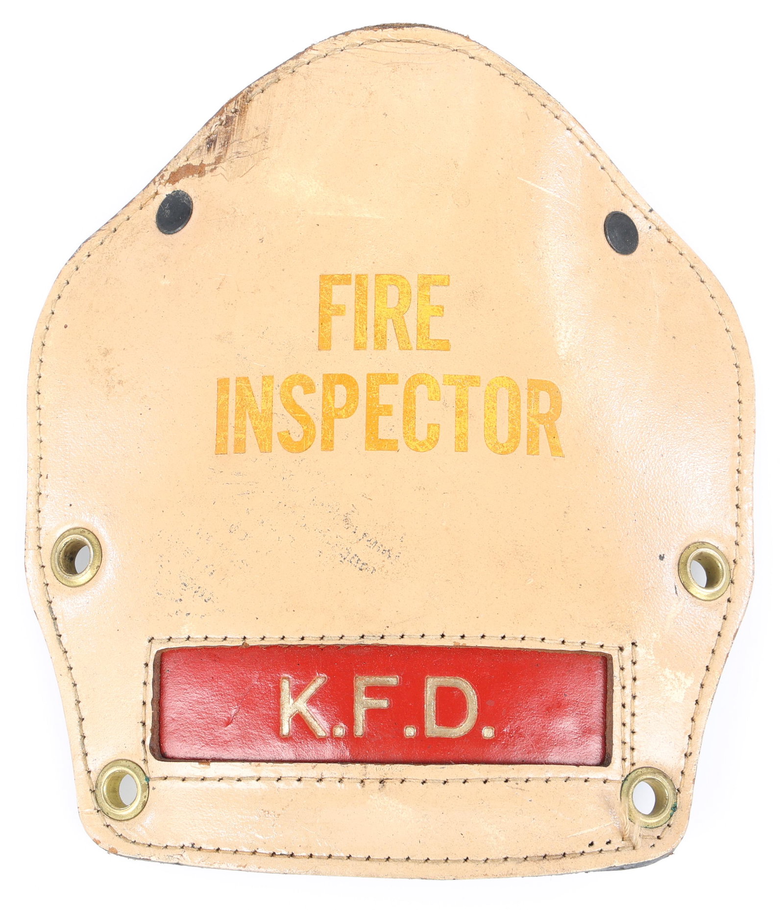 K.F.D. FIRE INSPECTOR FIRE HELMET LEATHER FRONT (1 of 3)