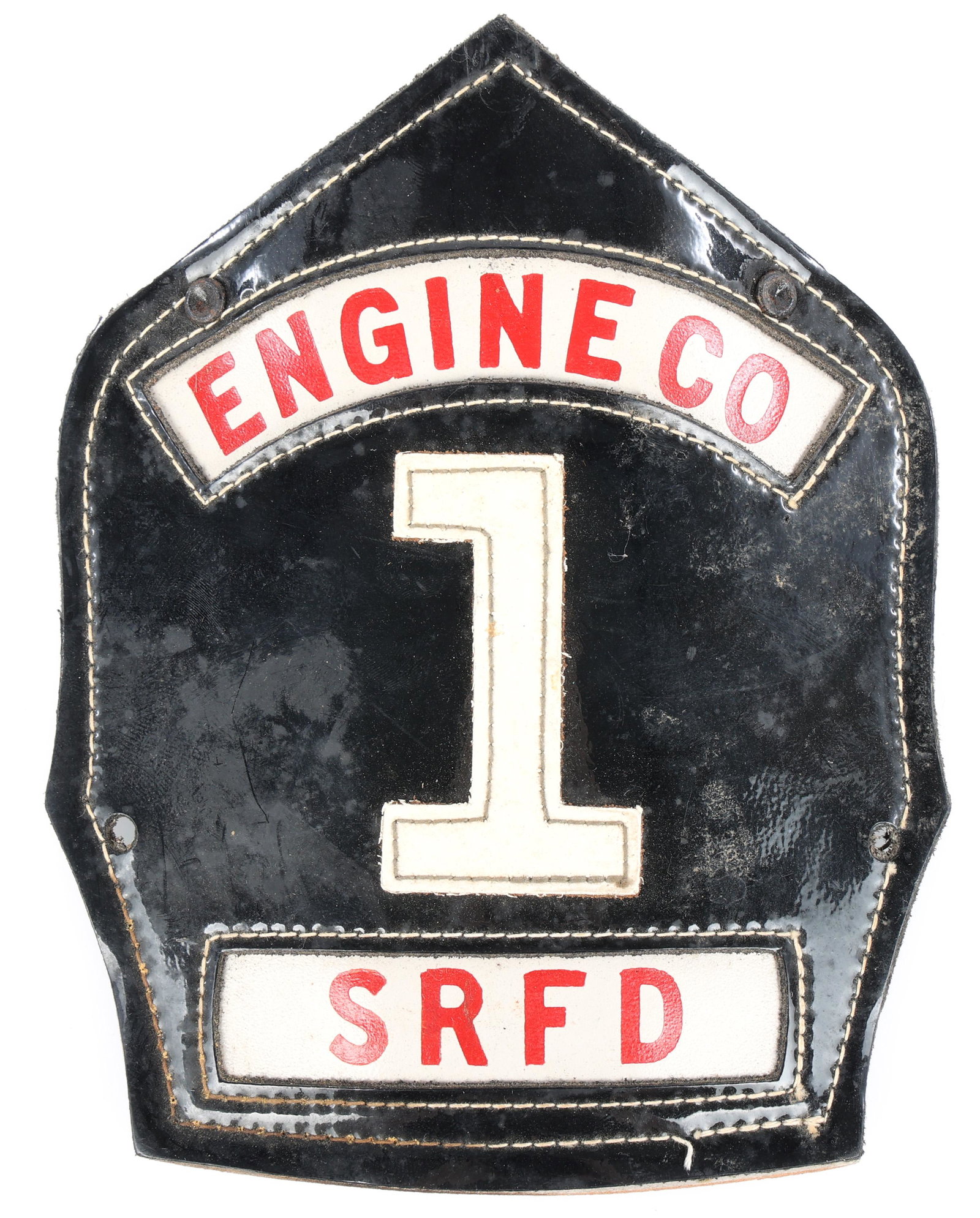 S.R.F.D. ENGINE COMPANY NO. 1 FIRE HELMET LEATHER FRONT (1 of 3)