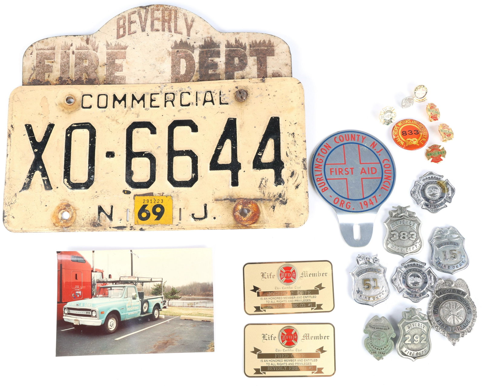 BEVERLY NJ FIRE DEPT ARCHIVE BADGES PINS PLATES & MORE: BEVERLY NJ FIRE DEPT ARCHIVE BADGES PINS PLATES & MORE Beverly, New Jersey Fire Department archive items, to include: Life Member plaque card issued to Joseph Orfe BFC #1 Life Member plaqu