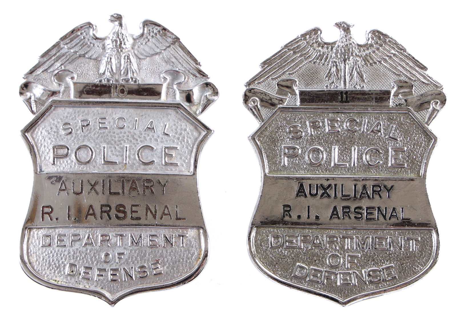 D.O.D. AUXILIARY R.I. ARSENAL SPECIAL POLICE BADGES (1 of 2)