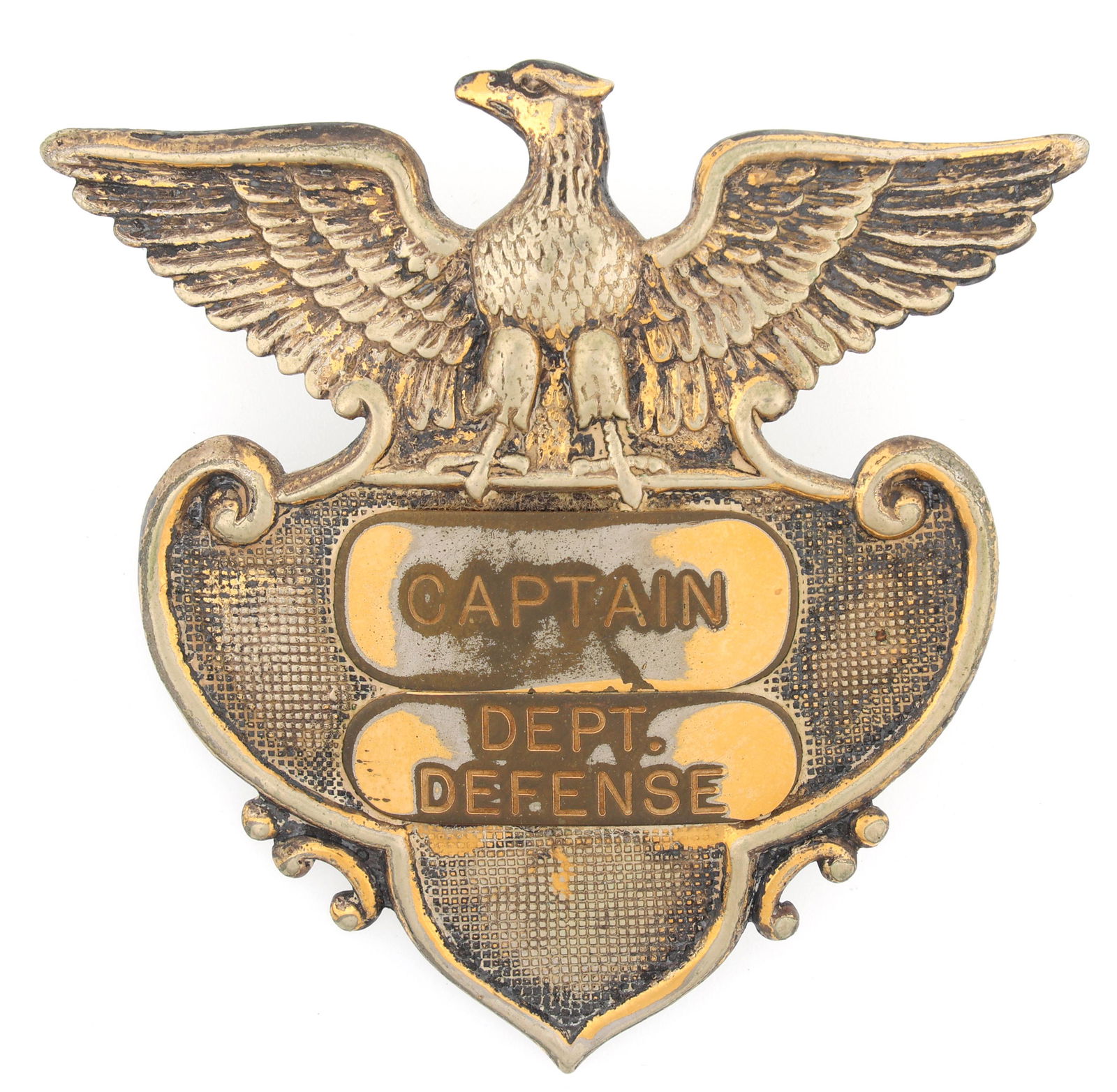 DEPARTMENT OF DEFENSE CAPTAIN CAP BADGE: DEPARTMENT OF DEFENSE CAPTAIN CAP BADGE Obsolete Department of Defense Captain Cap Badge. Marked C.G. Braxmar Co. 242 55th St NY on reverse. Measurements: 2.75 x 2.75"