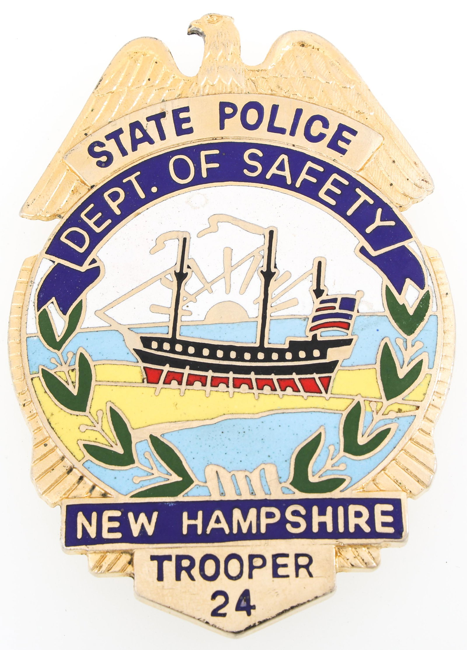 NEW HAMPSHIRE STATE POLICE DEPT OF SAFETY TROOPER BADGE: NEW HAMPSHIRE STATE POLICE DEPT OF SAFETY TROOPER BADGE Obsolete New Hampshire State Police Department of Safety Trooper badge. Numbered 24. Unmarked. Measurements: 3.25 x 2.25"