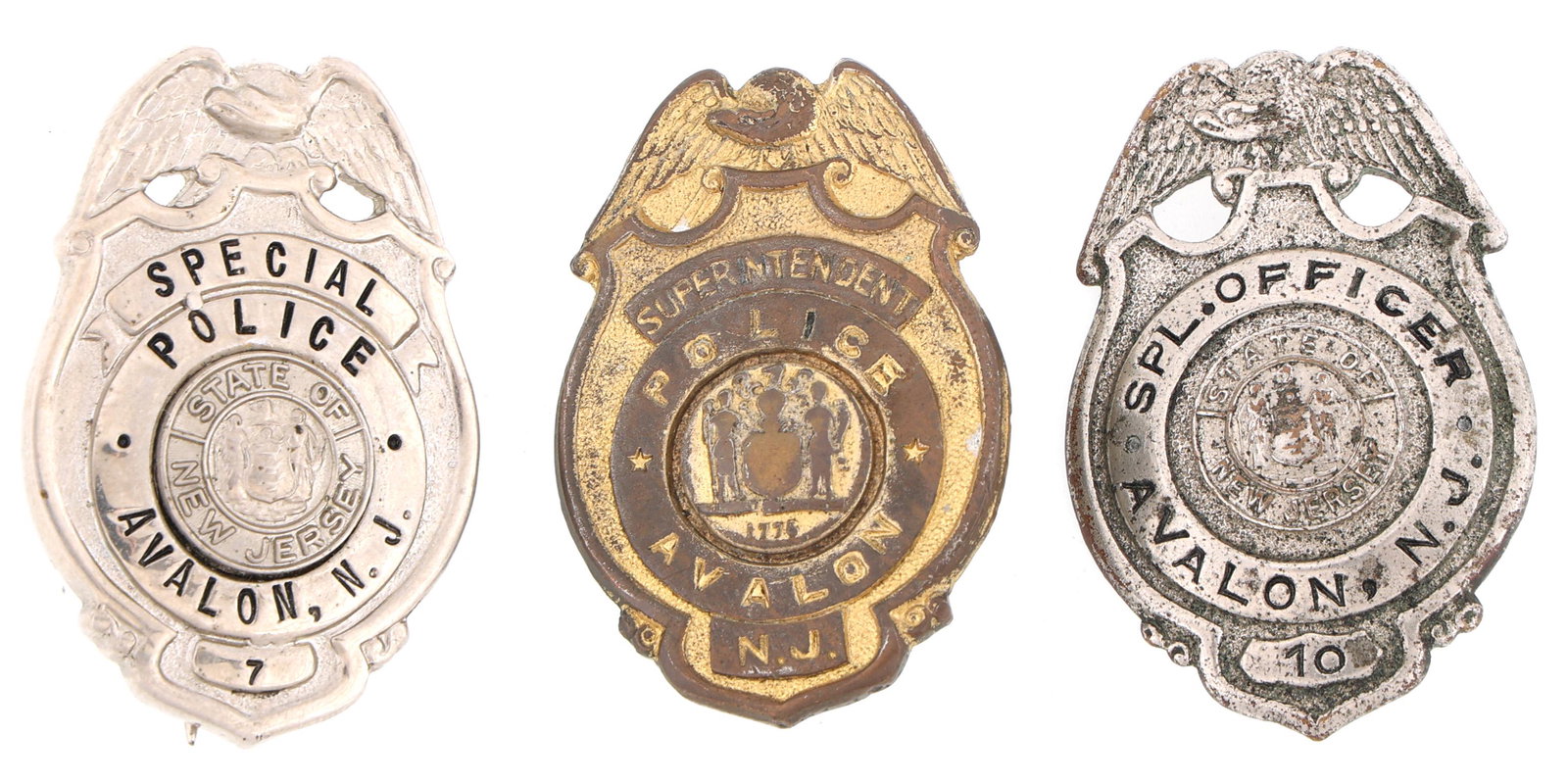 AVALON NEW JERSEY BADGES - LOT OF 3: AVALON NEW JERSEY BADGES - LOT OF 3 Lot of three obsolete Avalon, New Jersey badges, includes: Special Police badge. Number 7. Unmarked. Spacial Officer badge. Number 10. Unmarked. Police Superintend