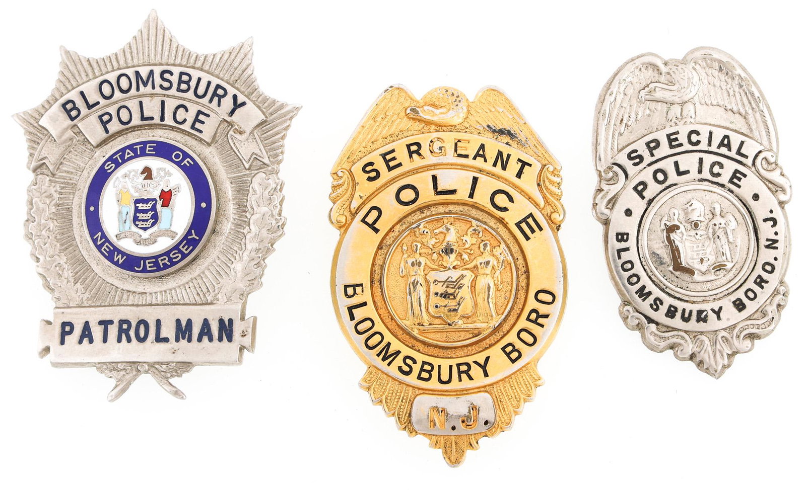BLOOMSBURY NEW JERSEY POLICE BADGES LOT OF THREE: BLOOMSBURY NEW JERSEY POLICE BADGES LOT OF THREE Three obsolete Bloomsbury Borough, New Jersey Police badges. Police Patrolman badge marked Blackinton on reverse. Police Ser