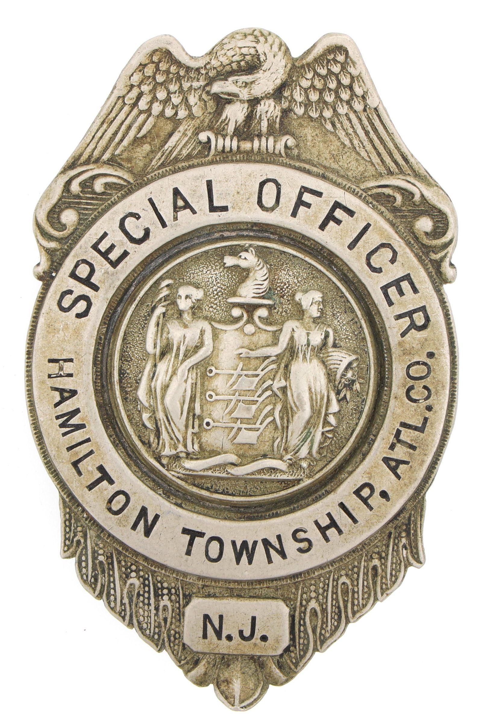 HAMILTON TOWNSHIP ATLANTIC CO. NJ SPECIAL OFFICER BADGE: HAMILTON TOWNSHIP ATLANTIC CO. NJ SPECIAL OFFICER BADGE Obsolete Hamilton Township, Atlantic County New Jersey Special Officer badge, marked Edw. K. Tryon Co. Phil. on reverse. Measure