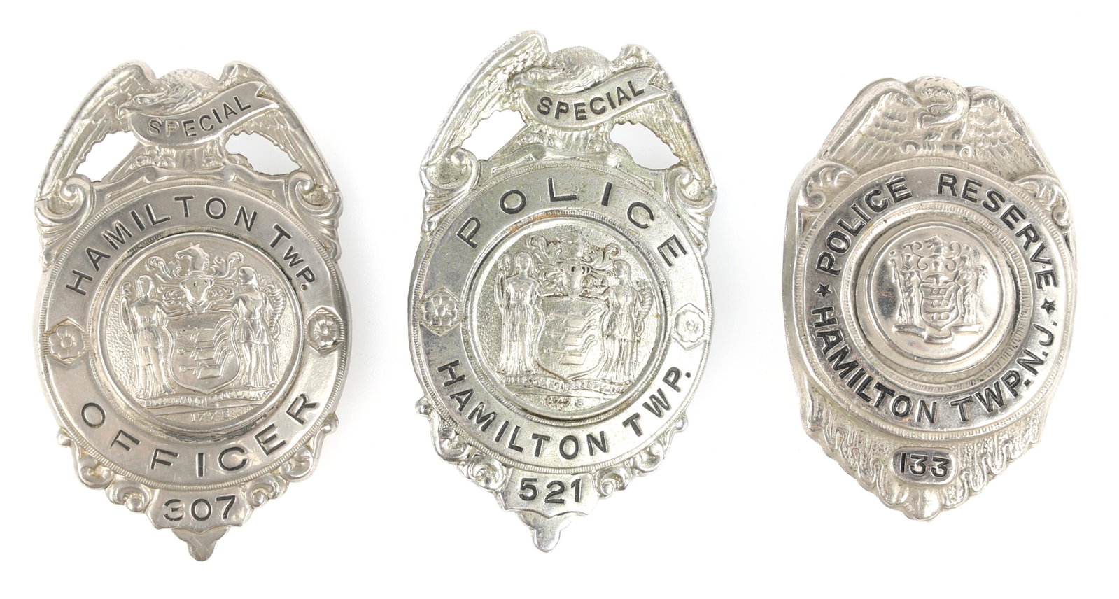 HAMILTON TOWNSHIP NEW JERSEY BADGES - LOT OF 3: HAMILTON TOWNSHIP NEW JERSEY BADGES - LOT OF 3 Lot of three obsolete Hamilton Township, New Jersey badges, includes: Special Police badge. Number 521. Unmarked. Special Officer badge. Number 307. Unma