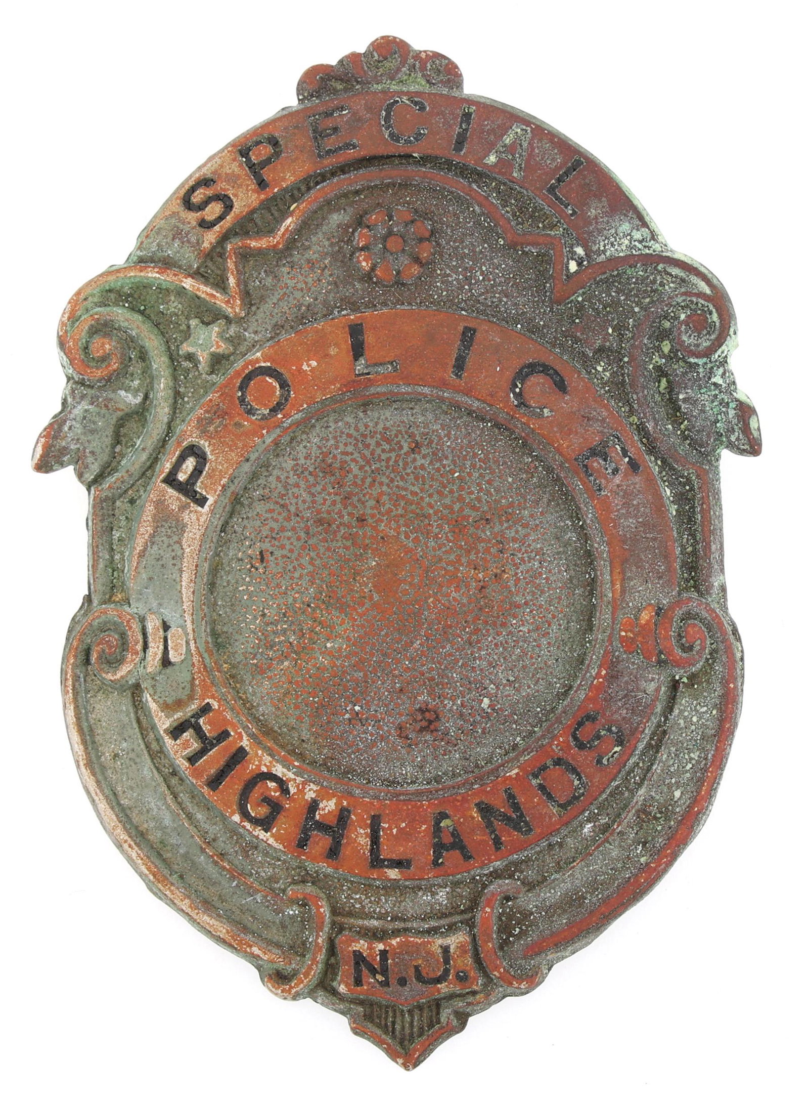 HIGHLANDS NEW JERSEY SPECIAL POLICE BADGE: HIGHLANDS NEW JERSEY SPECIAL POLICE BADGE Obsolete Highland New Jersey Special Police badge, marked C.G. Braxmar Co. 10-12 Maiden Lane N.Y. on reverse. Measurements: 2 3/8 x 1 5/8"