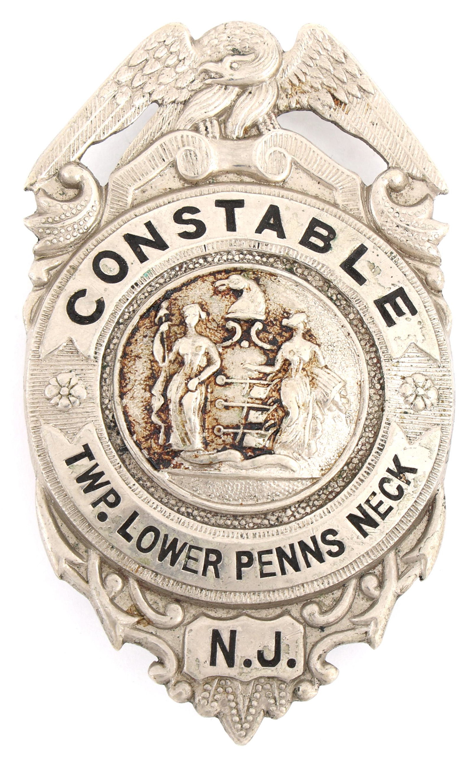LOWER PENNS NECK TOWNSHIP NEW JERSEY CONSTABLE BADGE: LOWER PENNS NECK TOWNSHIP NEW JERSEY CONSTABLE BADGE Obsolete Lower Penns Neck Township, New Jersey Constable badge. Unmarked. Measurements: 1.75 x 2.5"
