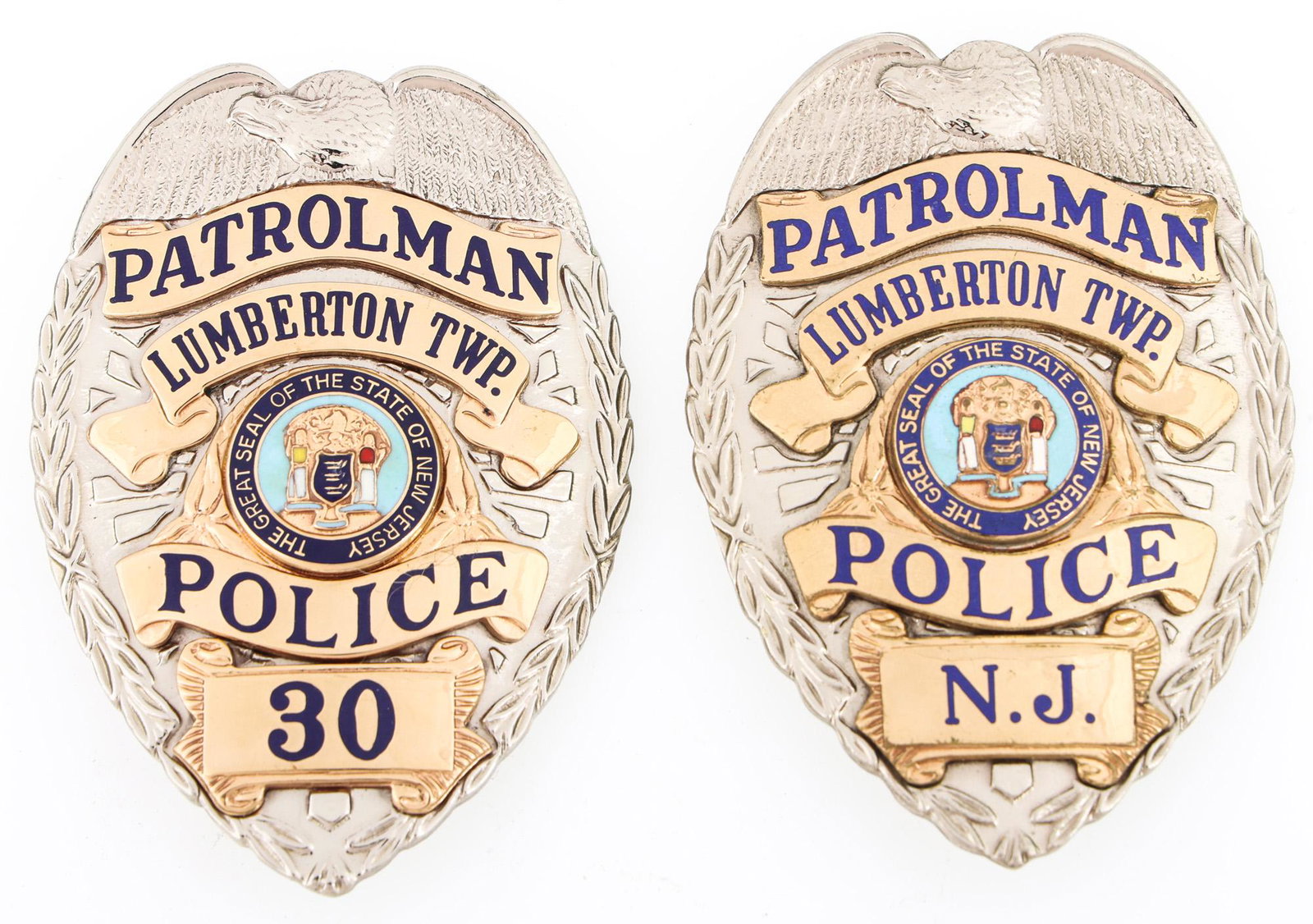 LUMBERTON TWP NEW JERSEY POLICE PATROLMAN BADGES: LUMBERTON TWP NEW JERSEY POLICE PATROLMAN BADGES Two obsolete Lumberton Township, New Jersey Police Patrolman badges. Numbering includes: Numbered 30. Marked Entenmann 