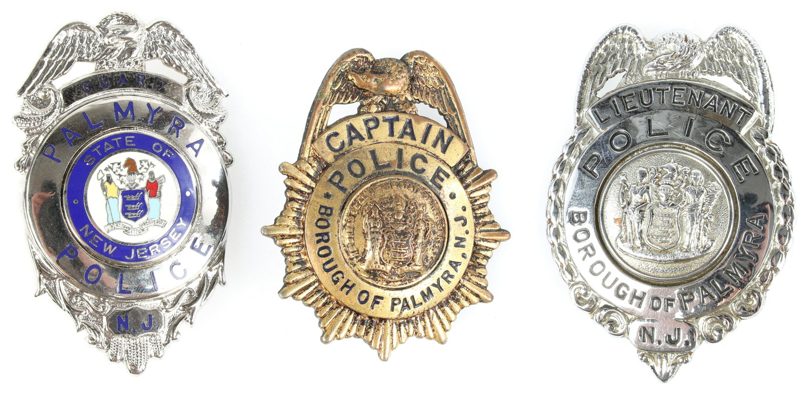 PALMYRA NEW JERSEY POLICE BADGES - LOT OF 3: PALMYRA NEW JERSEY POLICE BADGES - LOT OF 3 Lot of three obsolete Borough of Palmyra, New Jersey Police badges, includes: Captain badge marked S.H. Reese 57 Warren St. New York, N.Y. 