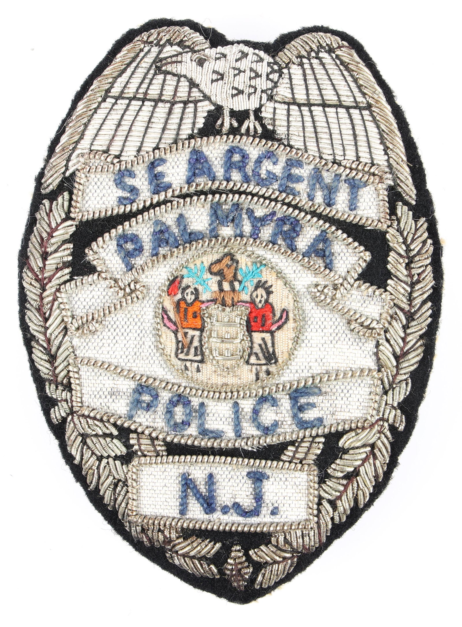 PALMYRA NEW JERSERY SERGEANT EMBROIDERED BADGE: PALMYRA NEW JERSERY SERGEANT EMBROIDERED BADGE Obsolete Palmyra, New Jersey Police Seargent [sic embroidered badge with metallic threading. Unmarked. Measurements: 2.25 x 3"
