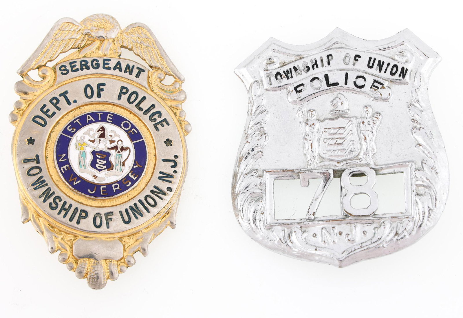 UNION TOWNSHIP NEW JERSEY POLICE BADGES LOT OF TWO: UNION TOWNSHIP NEW JERSEY POLICE BADGES LOT OF TWO Two obsolete Township of Union, New Jersey Police badges. Department of Police Sergeant badge is unmarked. Police badge number 78 is unmarked. Measur