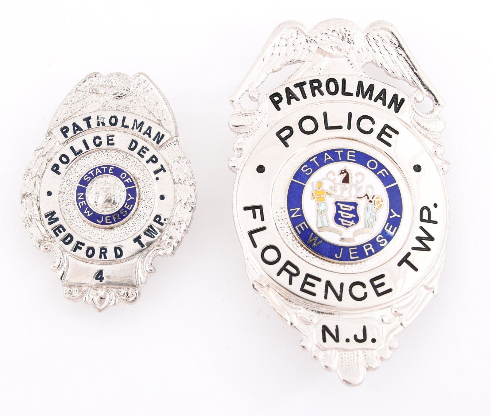 MEDFORD & FLORENCE TWP NJ POLICE PATROLMAN BADGES: MEDFORD & FLORENCE TWP NJ POLICE PATROLMAN BADGES Two obsolete New Jersey Police Patrolman badges. Title and numbering include: Florence Township Police Patrolman badge. Marked SMITH &am