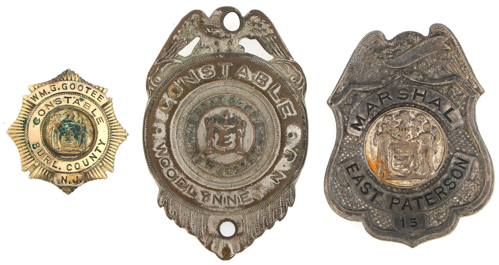 NEW JERSEY MARSHAL AND CONSTABLE BADGES: NEW JERSEY MARSHAL AND CONSTABLE BADGES Obsolete New Jersey Marshal and Constable badges. (1) East Paterson Marshal badge. Number 15. (2) Woodlynne, New Jersey Constable badge. (3) Burlington County, 