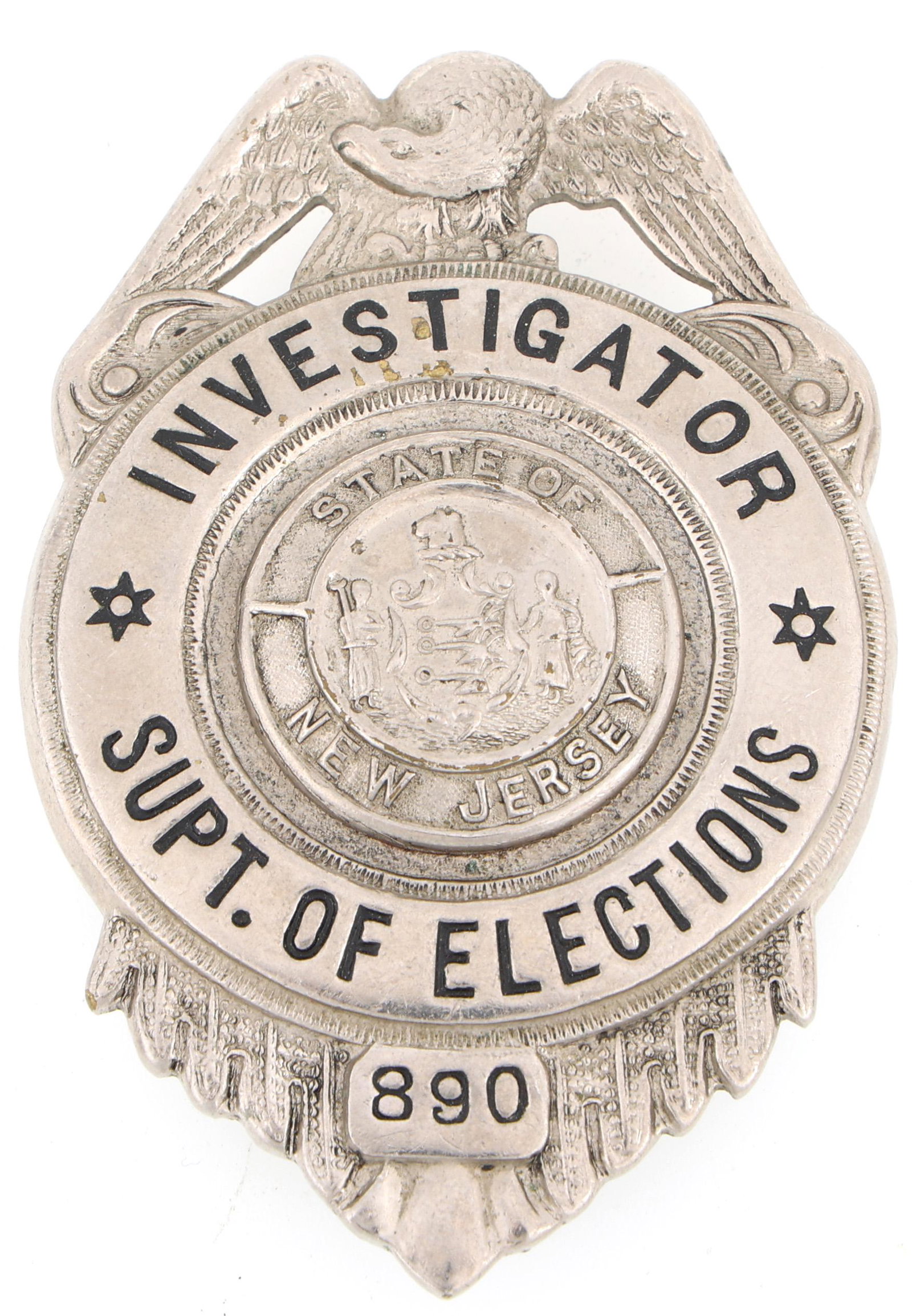 NEW JERSEY SUPT OF ELECTIONS INVESTIGATOR BADGE NO. 890: NEW JERSEY SUPT OF ELECTIONS INVESTIGATOR BADGE NO. 890 Obsolete New Jersey Superintendent of Elections Investigator Badge. No. 890. Crudely engraved with initials and date on reverse. Measuremen