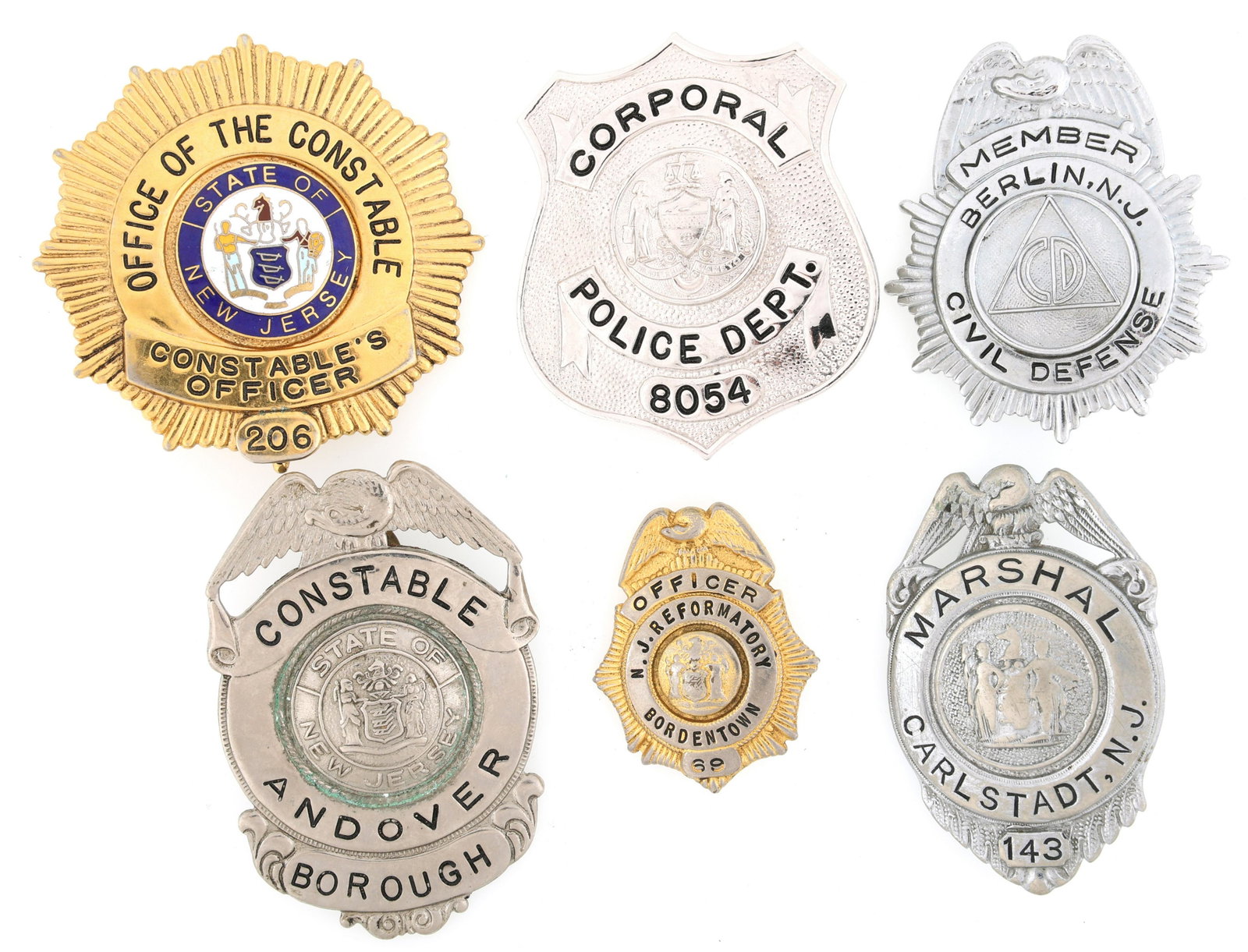 POLICE, MARSHAL, & CIVIL DEFENSE BADGES LOT OF SIX: POLICE, MARSHAL, & CIVIL DEFENSE BADGES LOT OF SIX Lot of six New Jersey and Pennsylvania badges, to include: Andover, New Jersey Constable badge, unmarked. Carlstadt, New Jersey Marshal ba