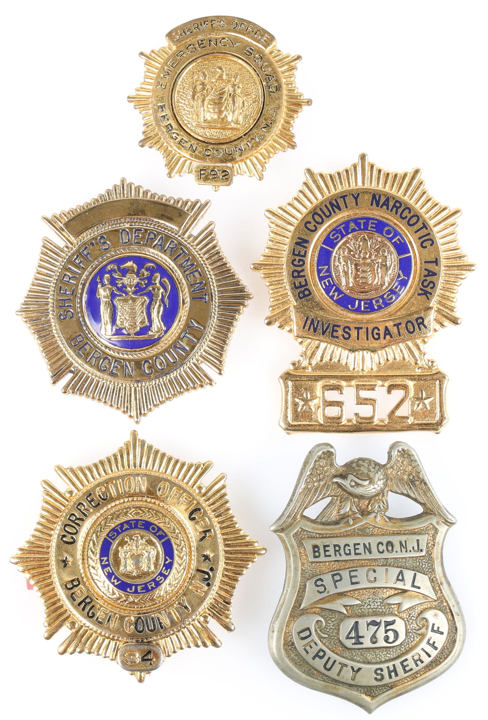 BERGEN COUNTY NEW JERSEY BADGES - LOT OF 5 (1 of 2)