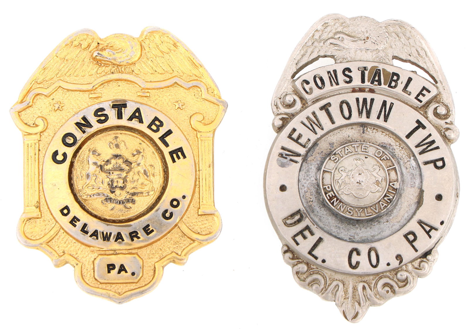DELAWARE COUNTY PENNSYLVANIA CONSTABLE BADGES LOT OF 2: DELAWARE COUNTY PENNSYLVANIA CONSTABLE BADGES LOT OF 2 Two obsolete Delaware County, Pennsylvania Constable badges. One of the badges labeled Newtown Township. Both badges are unmarked. Measurem