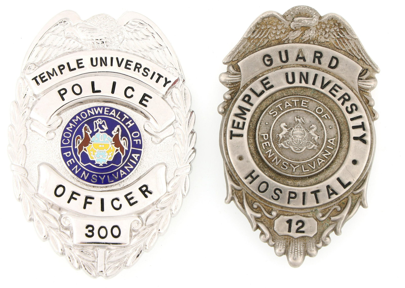 TEMPLE UNIVERSITY PENNSYLVANIA BADGES - LOT OF 2: TEMPLE UNIVERSITY PENNSYLVANIA BADGES - LOT OF 2 Lot of two obsolete Temple University, Pennsylvania badges, includes: Temple University Hospital Guard badge. Number 12. Unmarked. Temple Univers