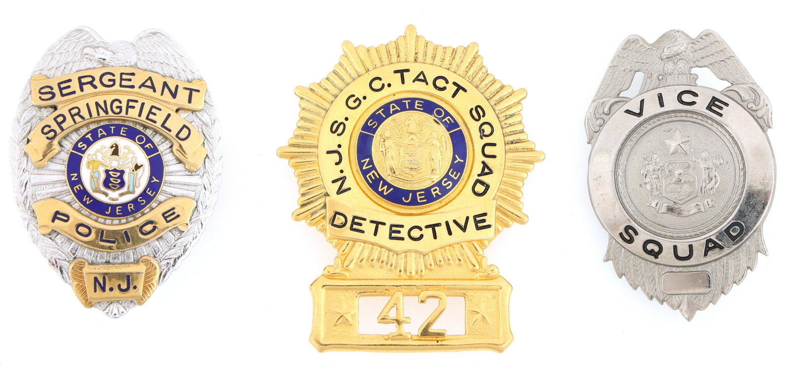 NEW JERSEY & NEW YORK POLICE BADGES LOT OF THREE: NEW JERSEY & NEW YORK POLICE BADGES LOT OF THREE Obsolete Police badges lot of three. All badges unmarked. Includes: Springfield, New Jersey Police Sergeant badge. N.J.S.G.C. Tactical Squad Detec