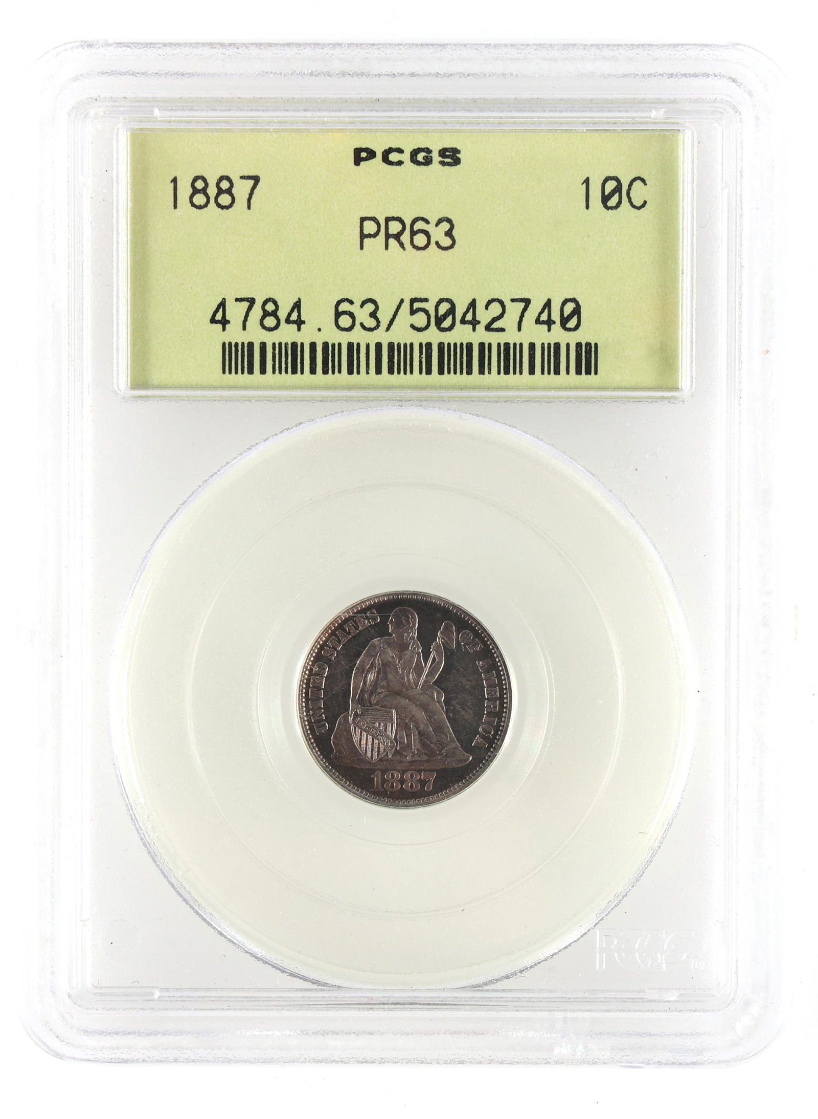1887-P US SILVER SEATED LIBERTY 10C DIME PCGS PR63 OGH (1 of 2)
