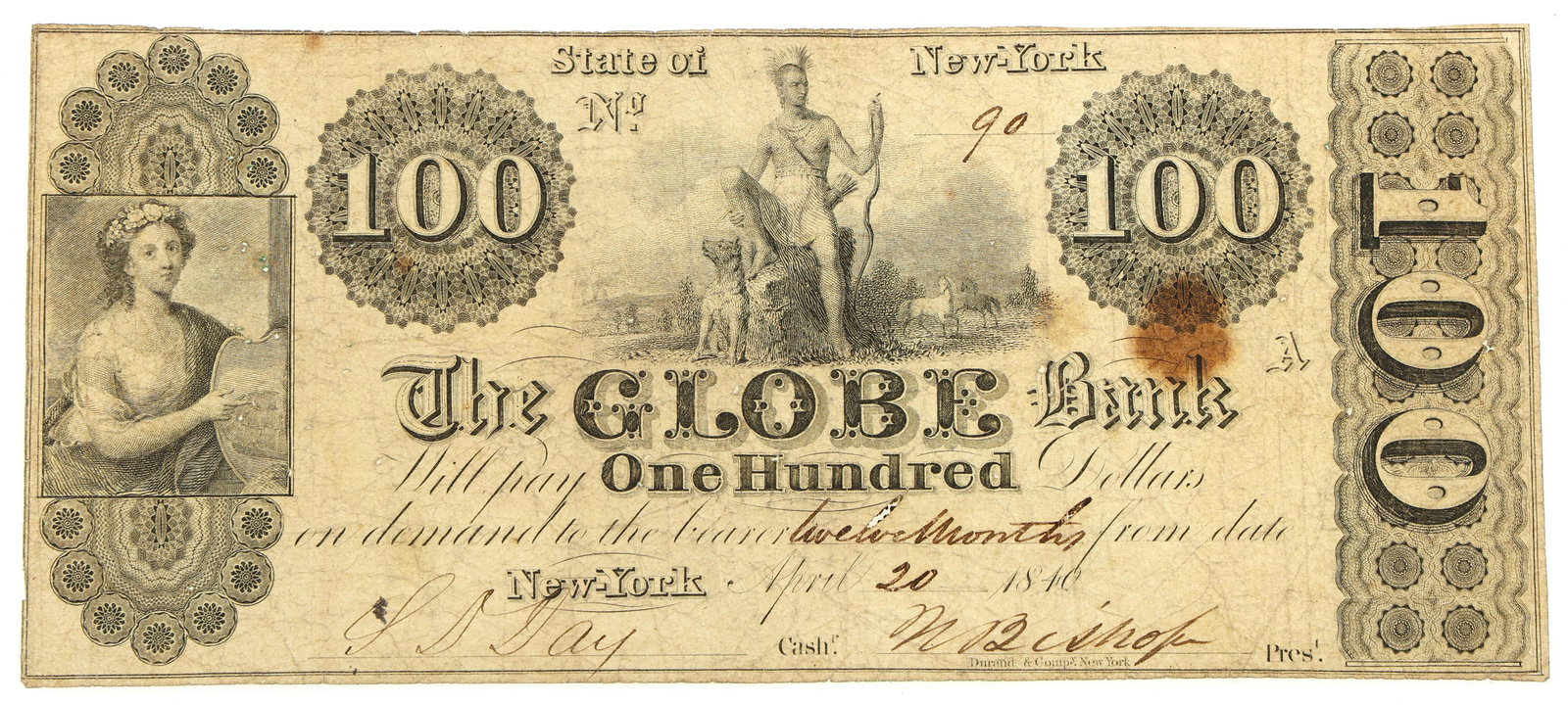 1840 $100 NEW YORK GLOBE BANK OBSOLETE BANKNOTE (1 of 2)
