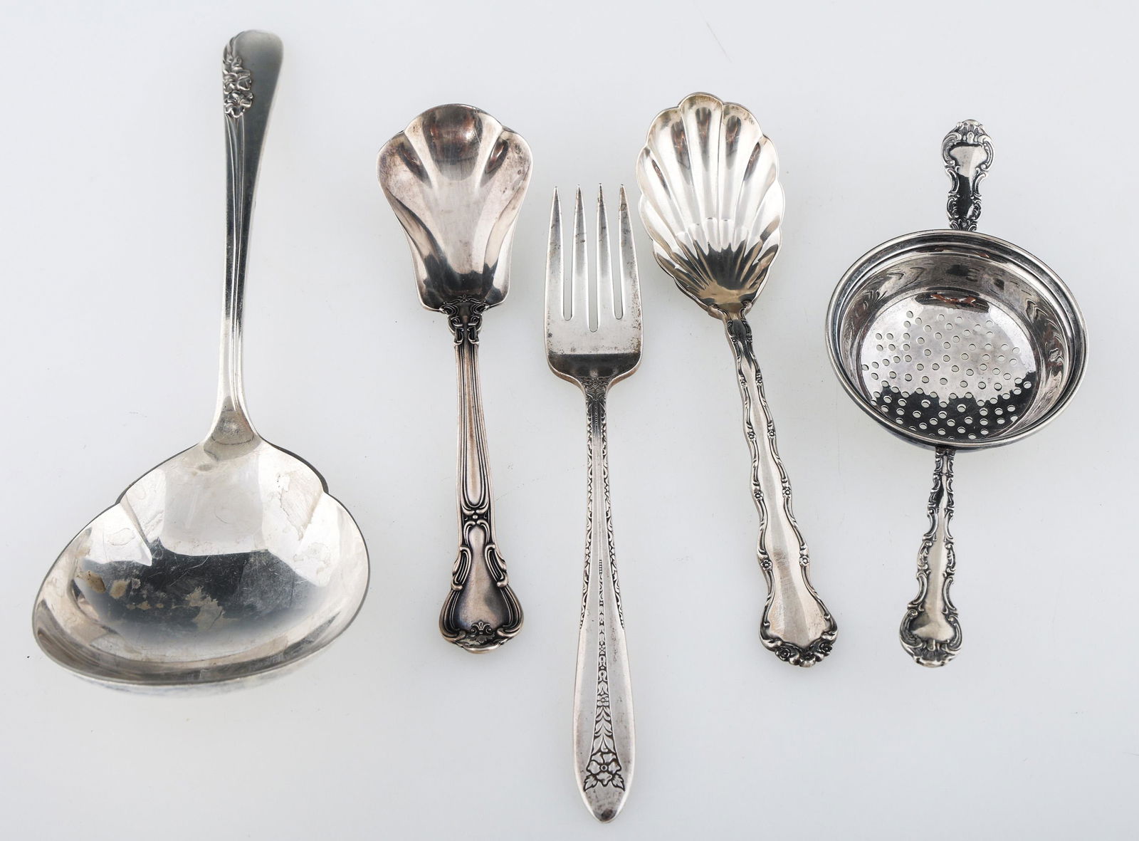 20TH C. STERLING SILVER SPOONS, FORK & TEA STRAINER (1 of 6)