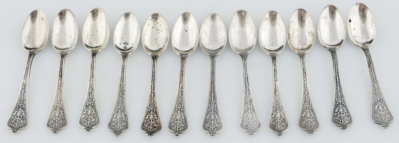 GORHAM STERLING SILVER LADY WASHINGTON DEMITASSE SPOONS: GORHAM STERLING SILVER LADY WASHINGTON DEMITASSE SPOONS Lot of 12 sterling silver 19th century Gorham demitasse spoons in pattern Lady Washington Size: 4.5" Weight: 155