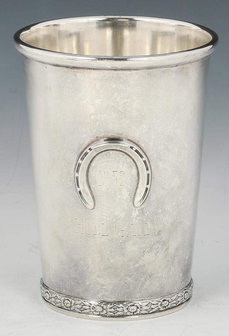 STERLING SILVER 1952 KENTUCKY DERBY MINT JULEP CUP: STERLING SILVER 1952 KENTUCKY DERBY MINT JULEP CUP Sterling silver 1952 Kentucky Derby Mint Julep cup. Marked BWK on reverse. Engraved with name "Hill Gail". Size: 4.25" Wei