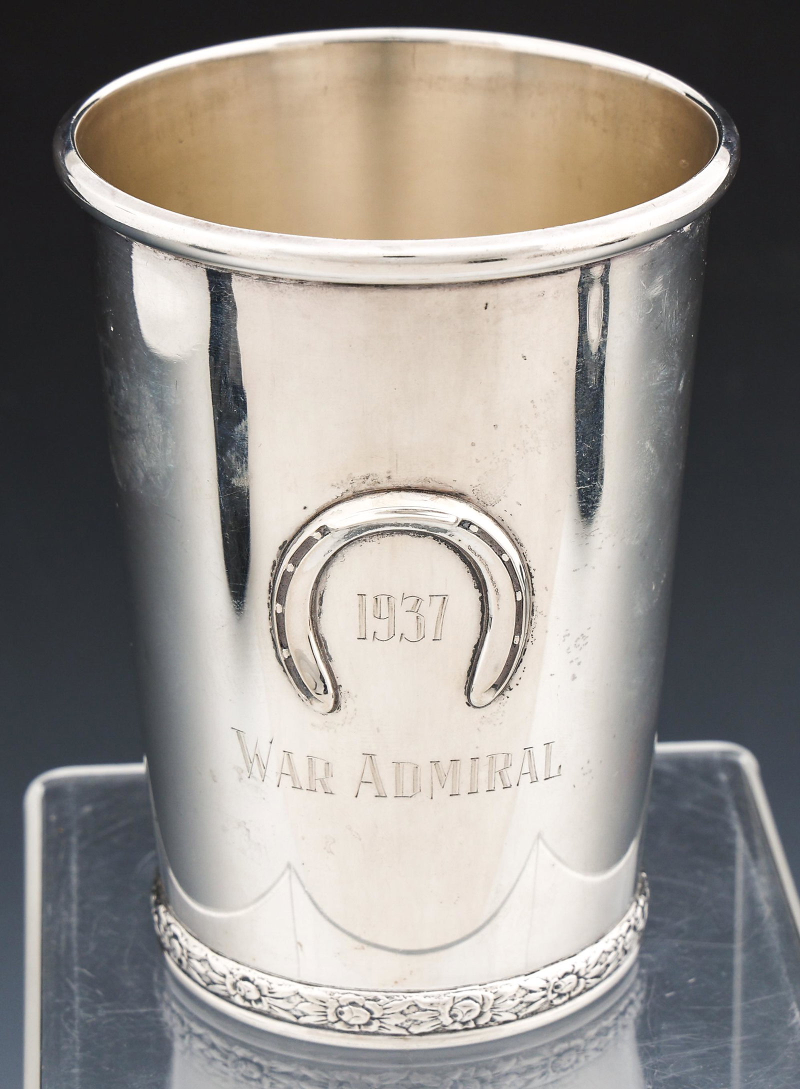 STERLING SILVER 1937 KENTUCKY DERBY MINT JULEP CUP: STERLING SILVER 1937 KENTUCKY DERBY MINT JULEP CUP Sterling silver Kentucky Derby 1937 Mint Julep cup. Marked BWK on underside. Engraved with "War Admiral" and "Dist. Erector - Cin