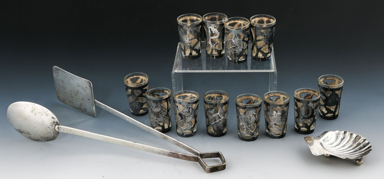 MEXICAN STERLING SILVER SHOT GLASSES, TONGS, & DISH (1 of 8)