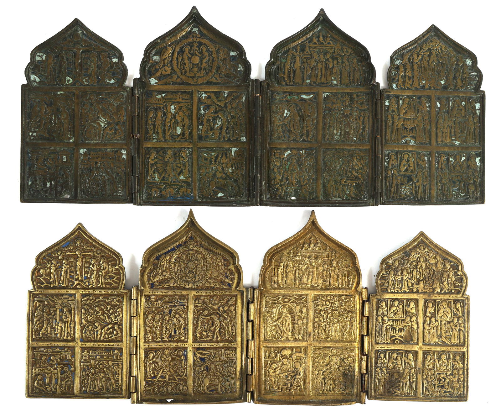 19th C. RUSSIAN ORTHODOX BRASS & ENAMEL QUADRIPTYPCHS (1 of 5)