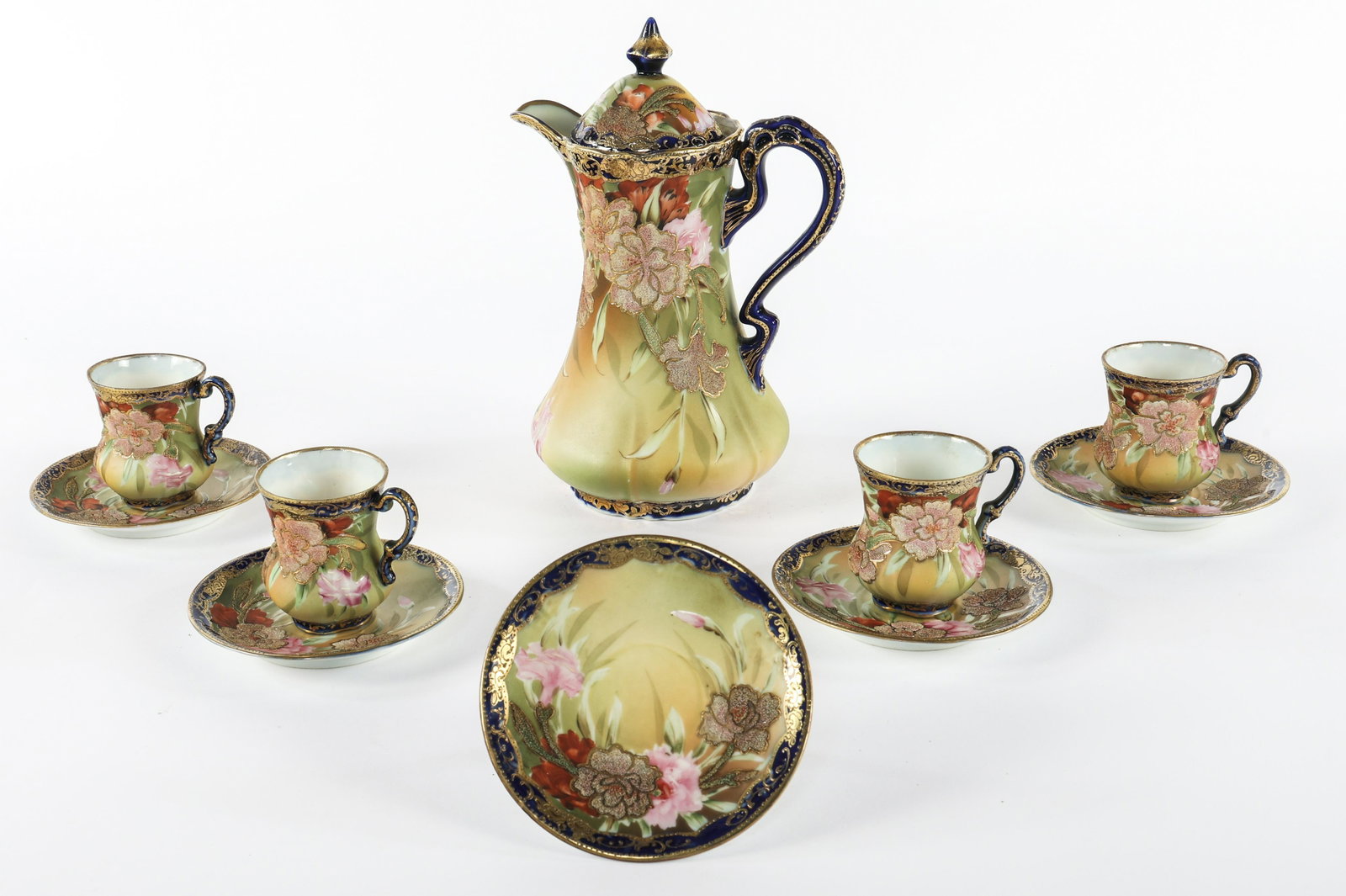NIPPON PORCELAIN HOT CHOCOLATE 10 PC SET: NIPPON PORCELAIN HOT CHOCOLATE 10 PC SET Ten piece Nippon coralene applique porcelain hot chocolate set with gold toned accents, includes: Pot with lid (4) cups (5) plates Size: