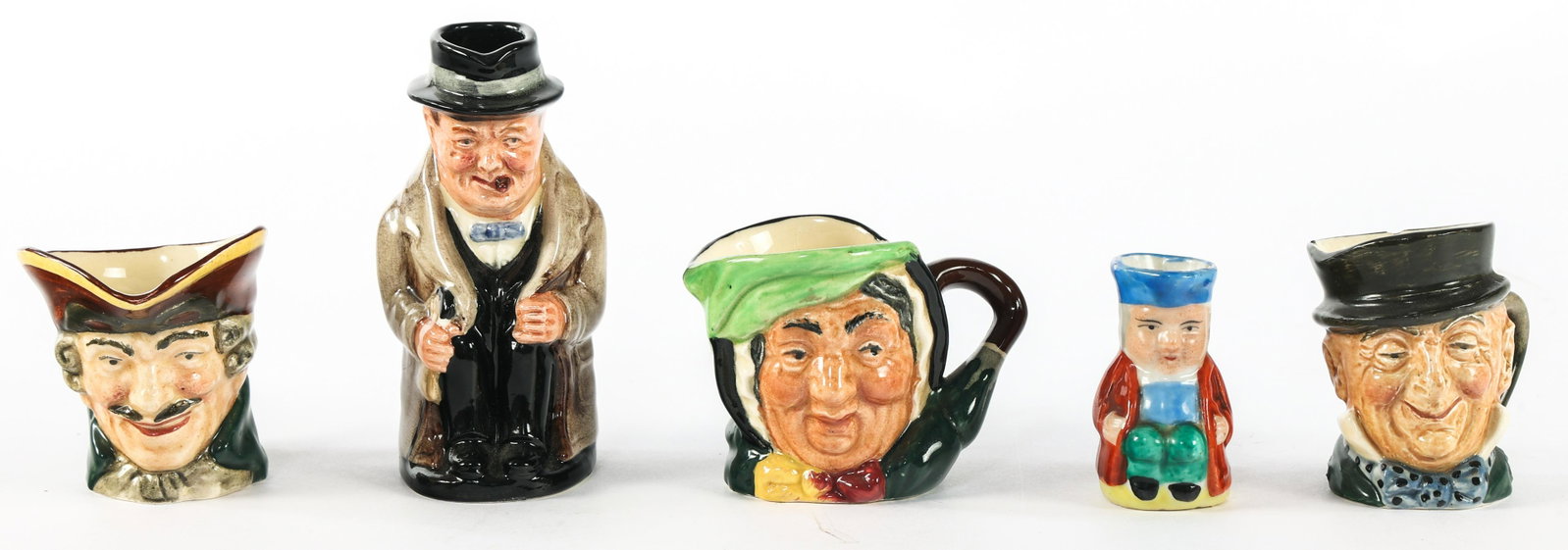 ROYAL DOULTON TOBY MUGS: ROYAL DOULTON TOBY MUGS Lot of five miniature Toby mugs, includes: (4) Royal Doulton Toby mugs Toby mug. Marked "Made in Occupied Japan" Size: Largest: 4"